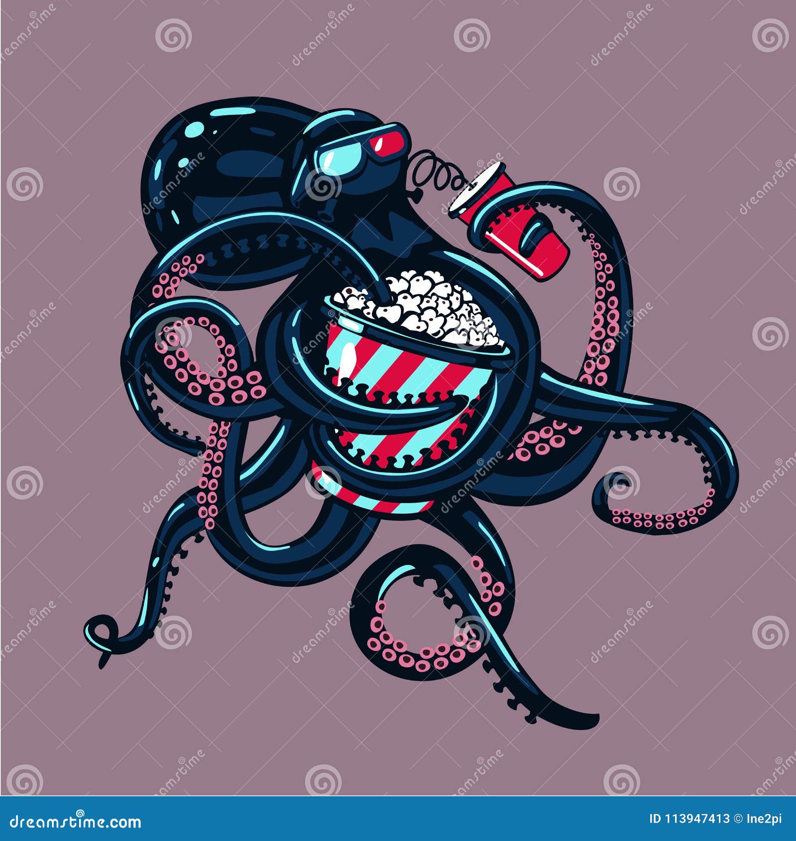 Cartoon Octopus is Watching Movies on 3d Glasses and Eating Popcorn.  Humorous Illustration Stock Vector - Illustration of funny, holding:  113947413