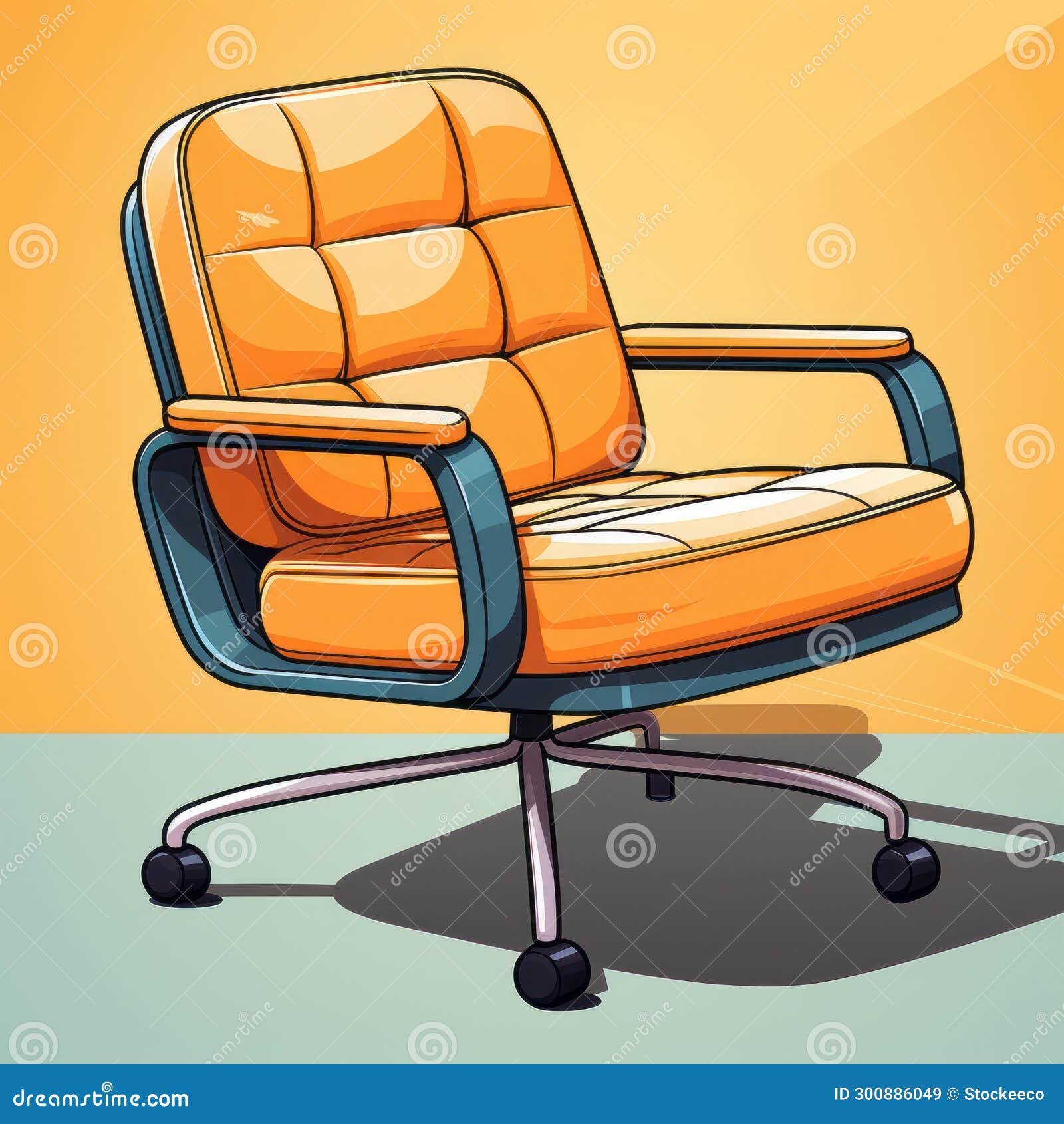 luxurious cartoon office chair with wheels on orange background