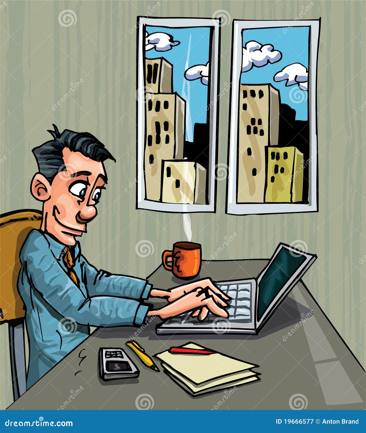  Cartoon  Office  Worker Busy On His Laptop Royalty Free 