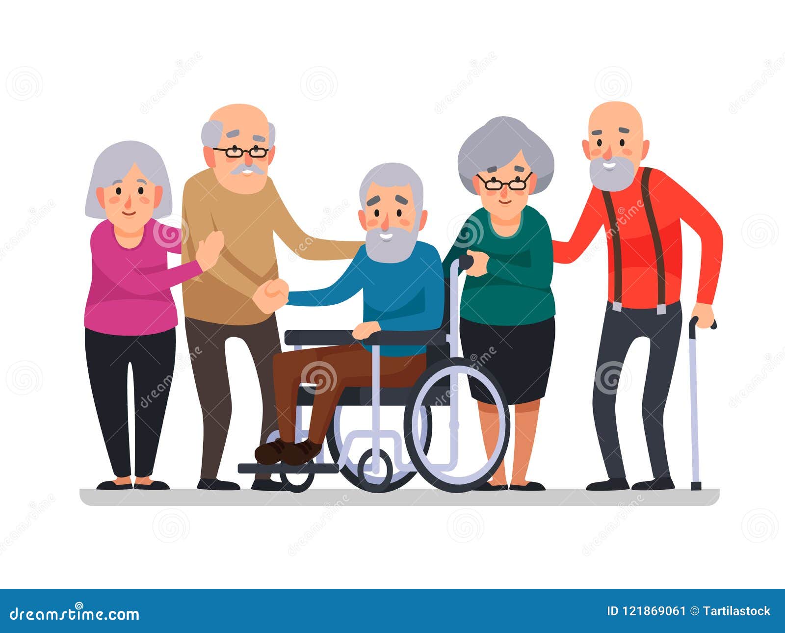 cartoon old people. happy aged citizens, disabled senior on wheelchair and elderly citizen with a cane cartoon 