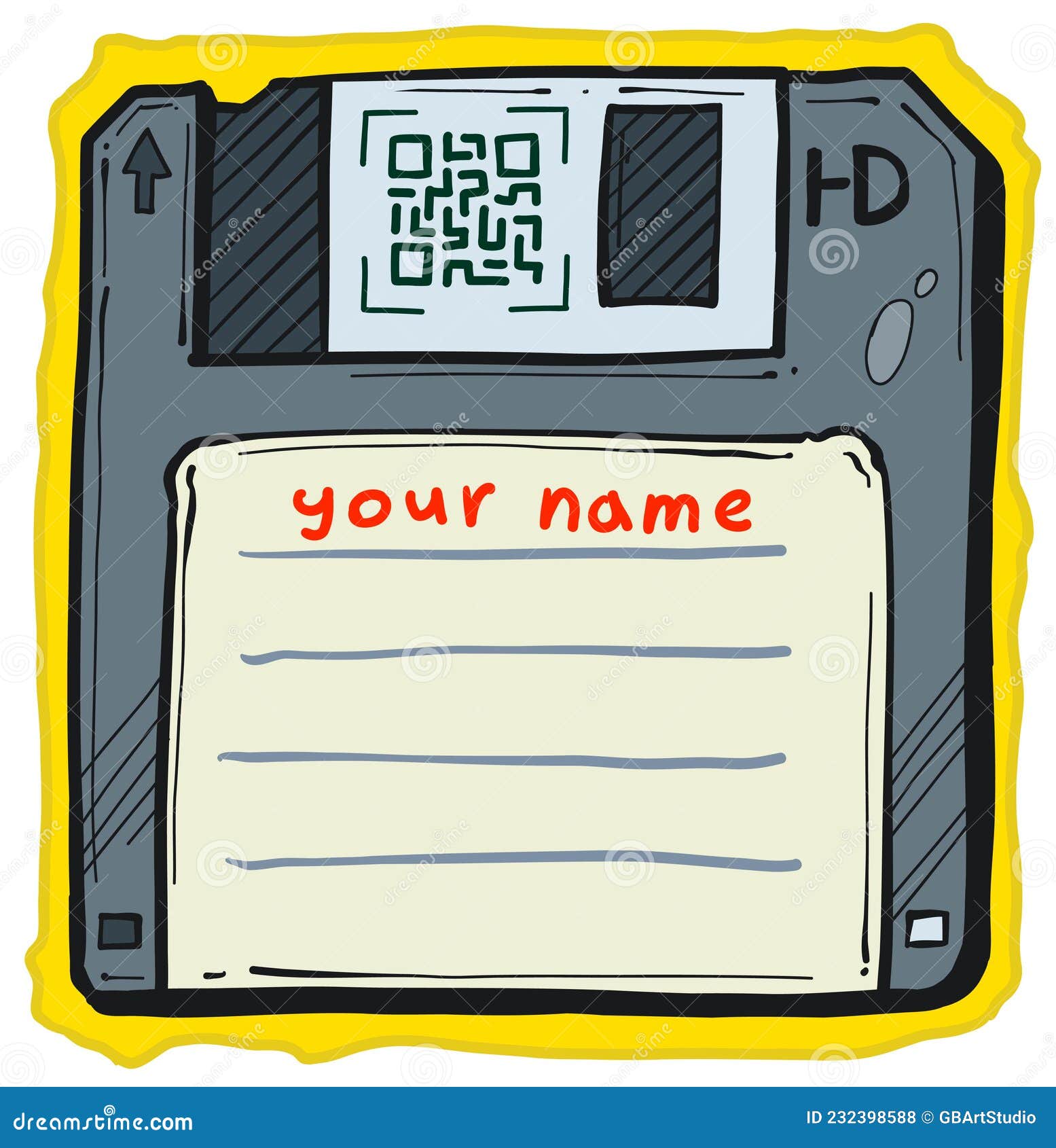 cartoon old setup boot floppy disk with qr code