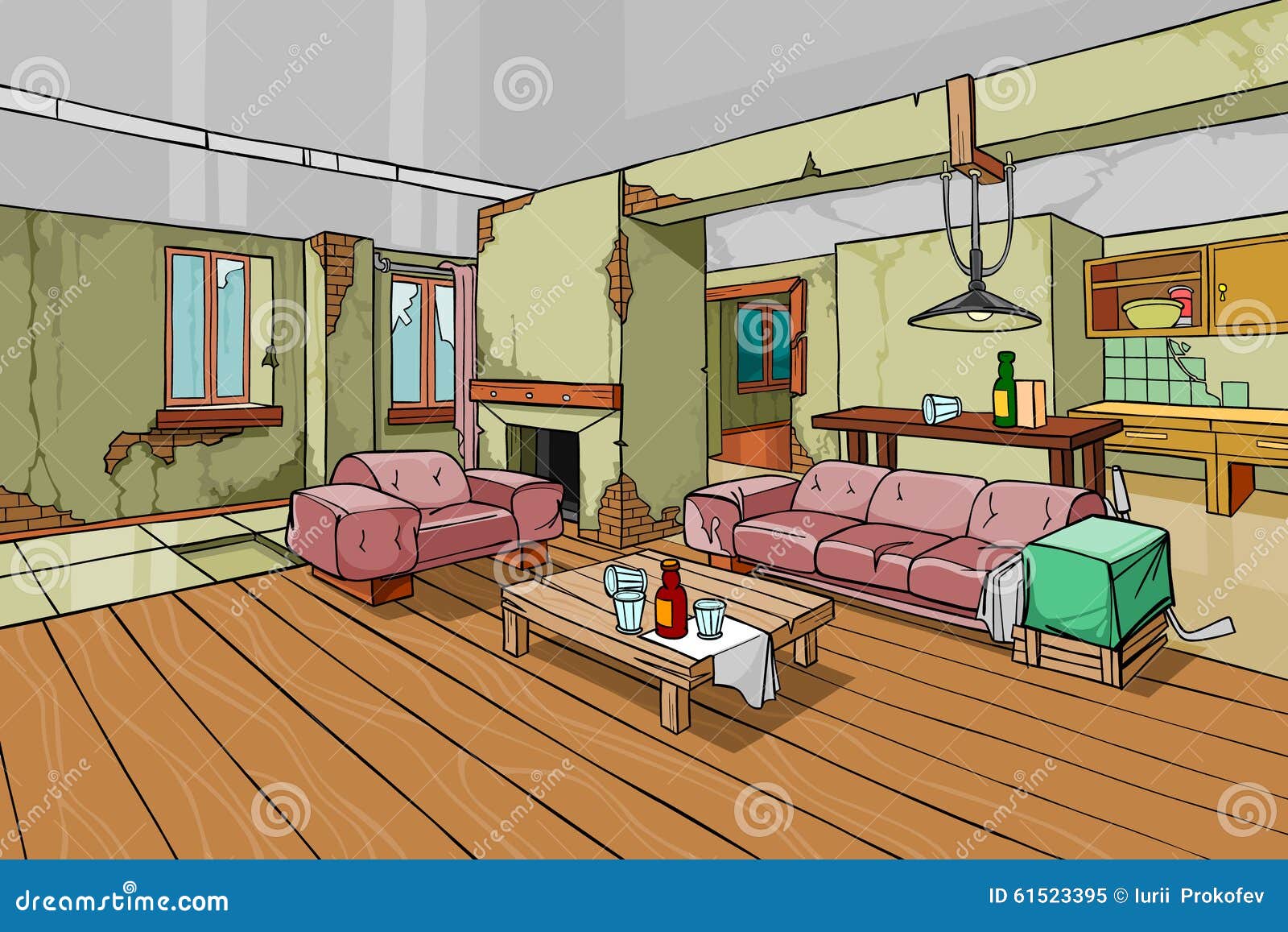 Cartoon Old Shabby Apartment Interior Stock Vector ...