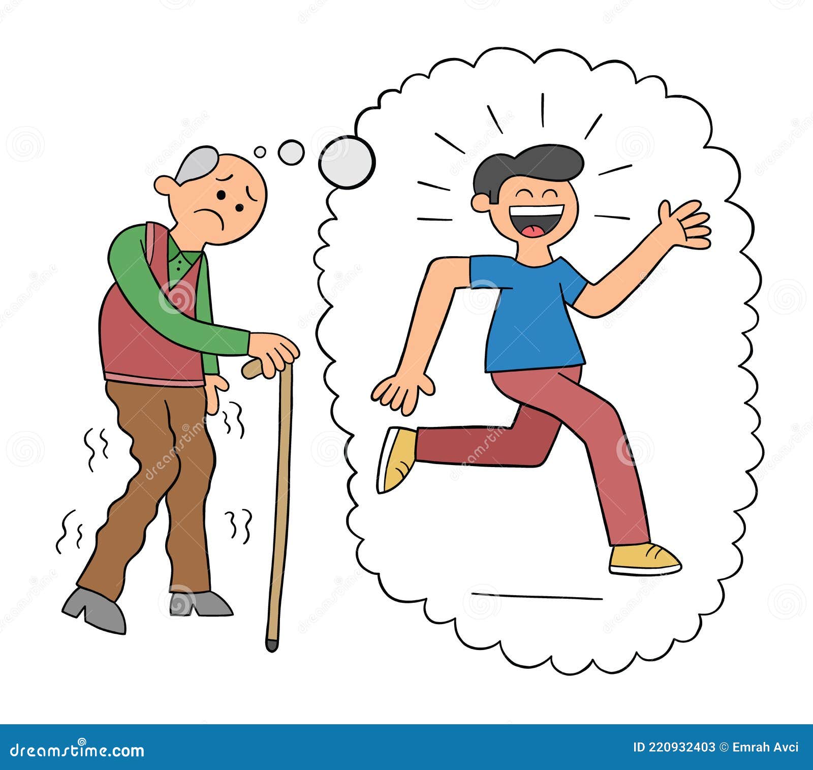 Cartoon Oude Man Die Met Zijn Stok Loopt En Droomt Van Zijn Jeugdvectorillustratie Vector Illustratie - Illustration Of Eenzaam, Overzicht: 220932403