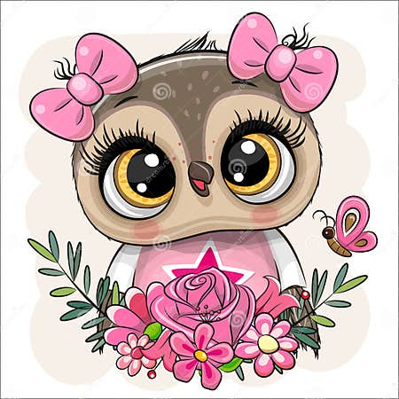 Cartoon Owl with Flowers on a White Background Stock Vector ...