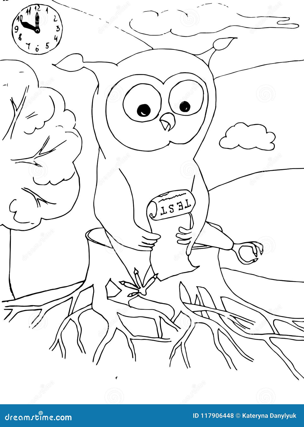 cartoon owl with test sitting on stump, clock. monochrome hand drawn stock  