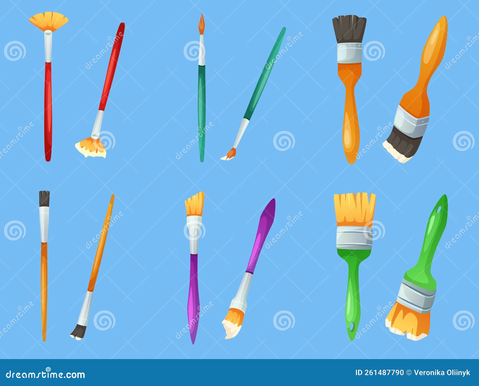 Cartoon paint brush. Painter instruments, different size brushes with paint  for drawing and painting vector objects set, Stock vector