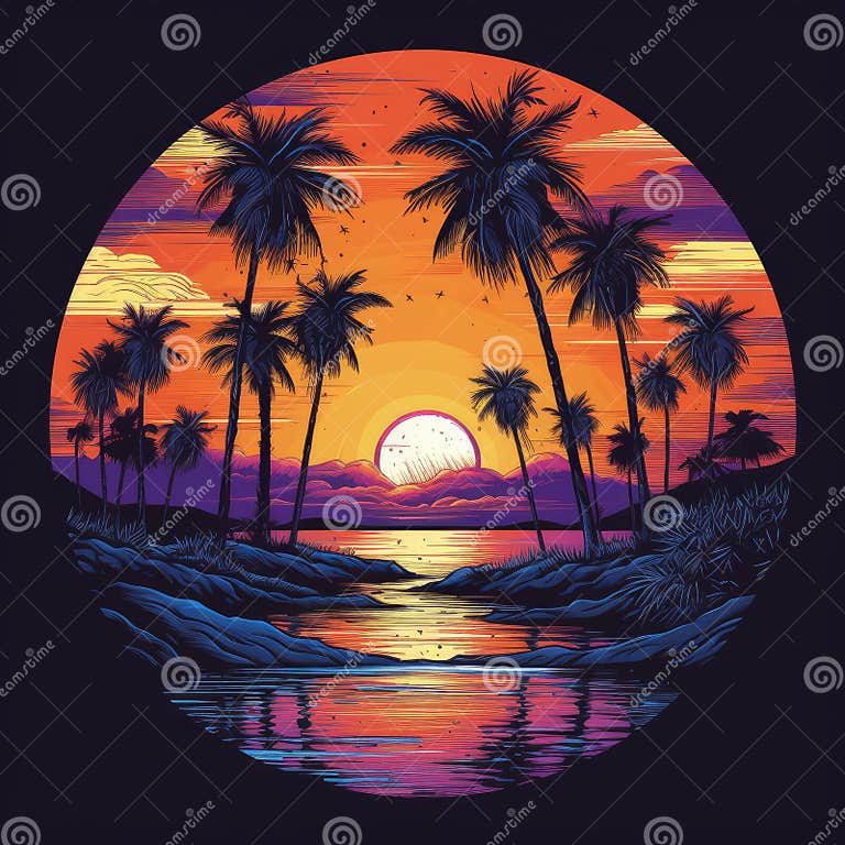 Cartoon Palm Tree Sunset Beach Graphic with a Summer Atmosphere and a ...
