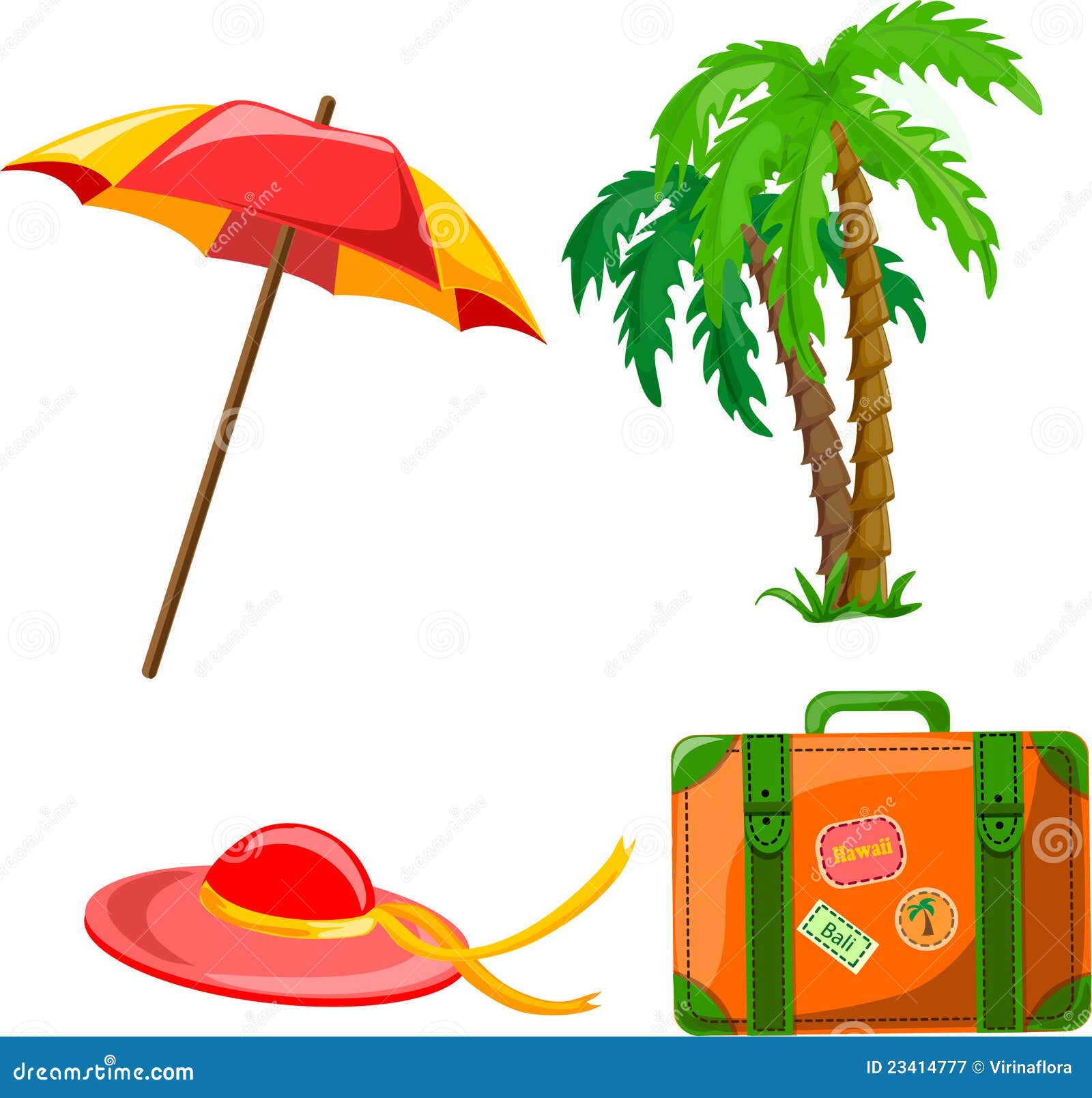 Hello Summer Vector Doodle Cartoon Outline Summer Umbrella, Hat