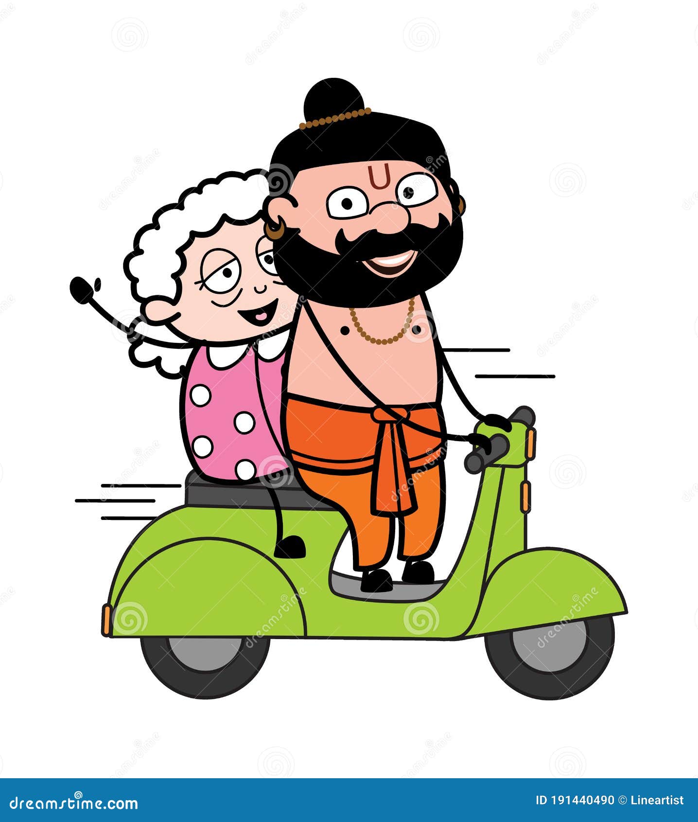 Cartoon Pandit Riding Scooter with an Old Lady Stock Illustration