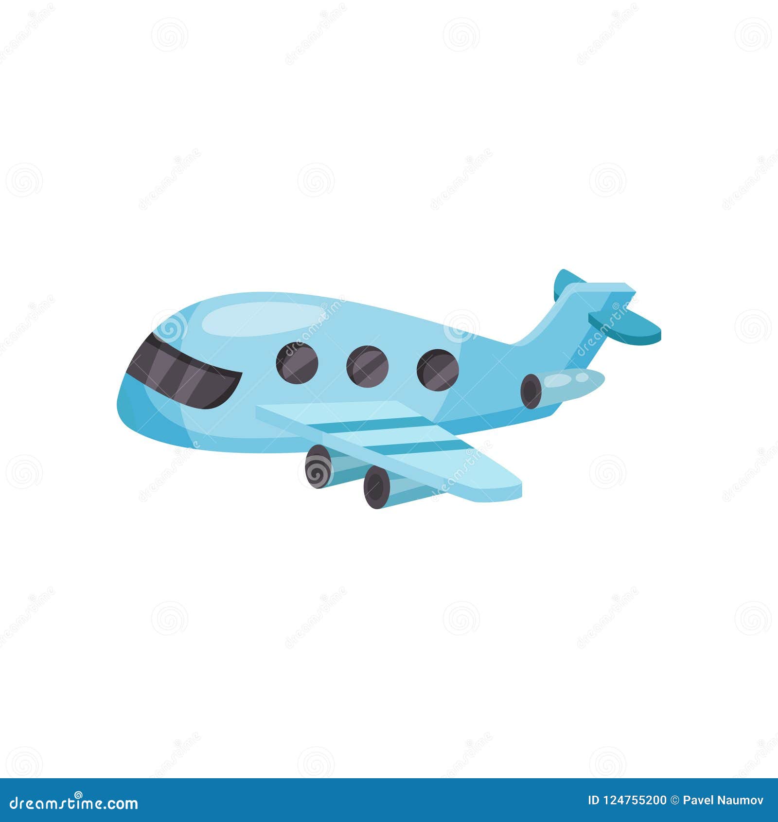 cartoon passenger airplane. small blue plane with jet engines. flat  for mobile game or advertising poster of