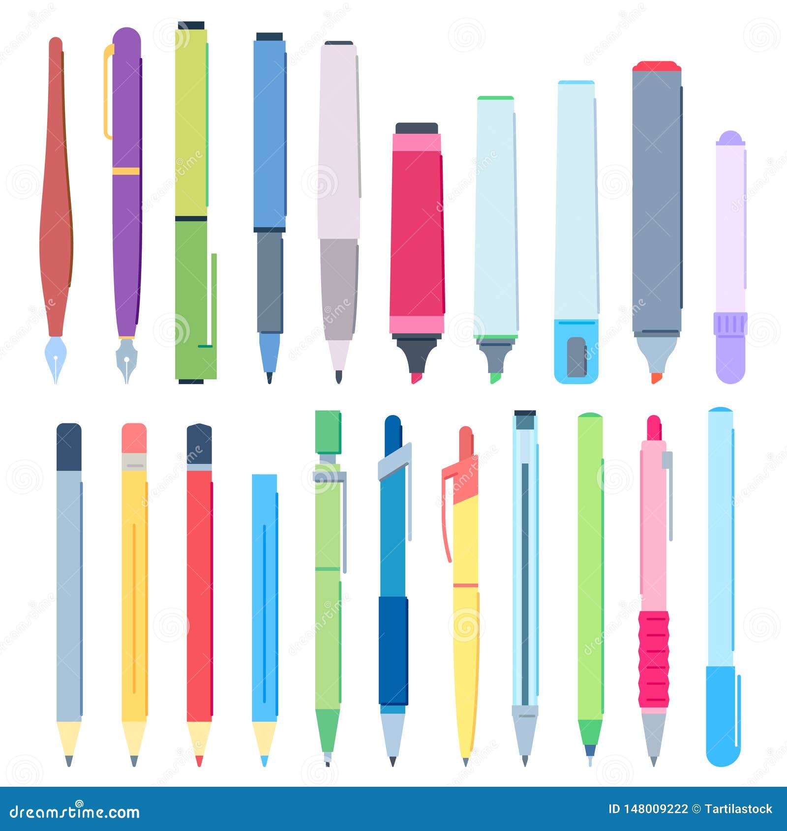 cartoon pens and pencils. writing pen, drawing pencil and highlighter marker   set