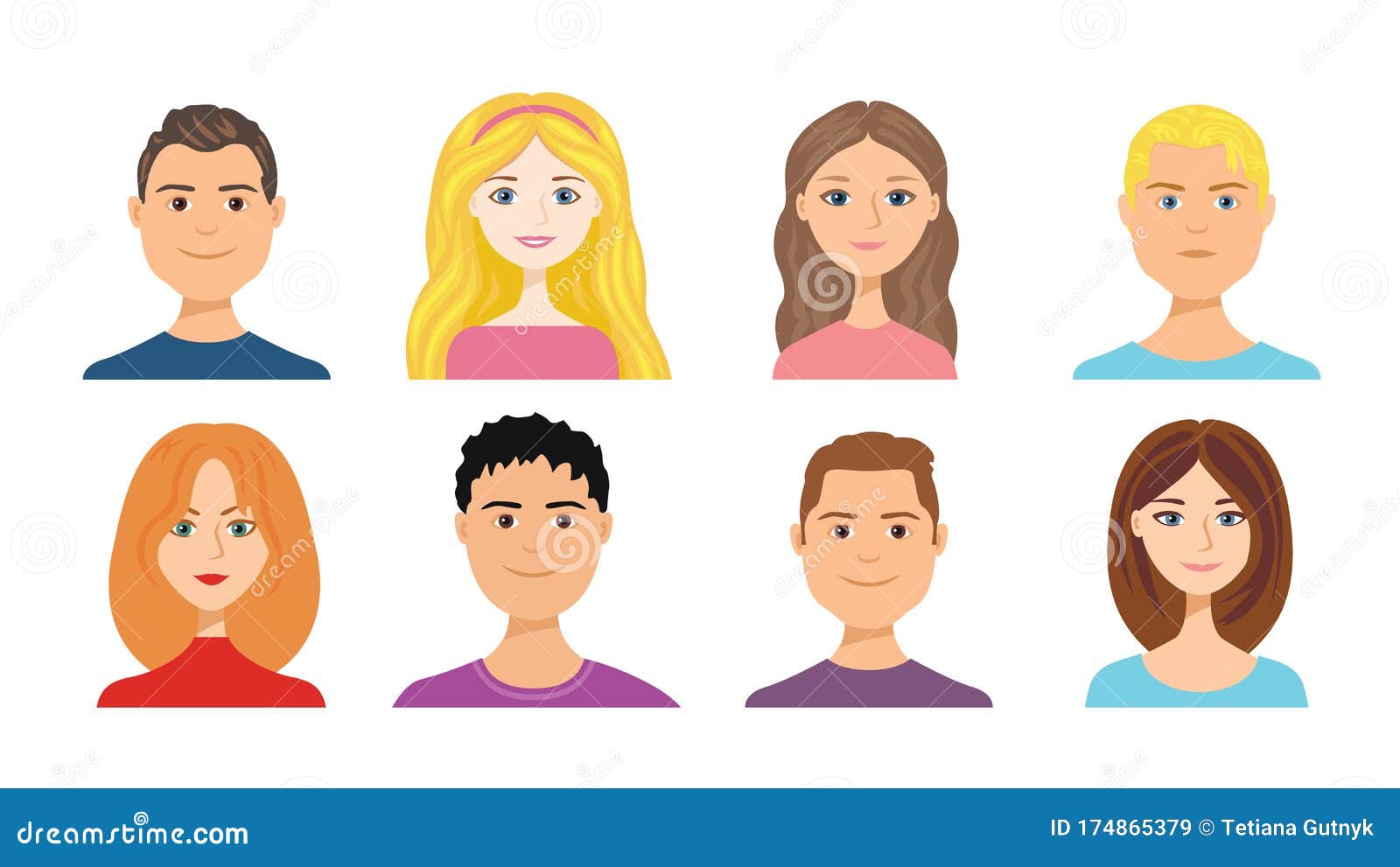 Cartoon People Faces Set Isolated on White. Vector Illustration of Girls  and Boys with Different Hair Colors in Flat Style Stock Vector -  Illustration of funny, beauty: 174865379