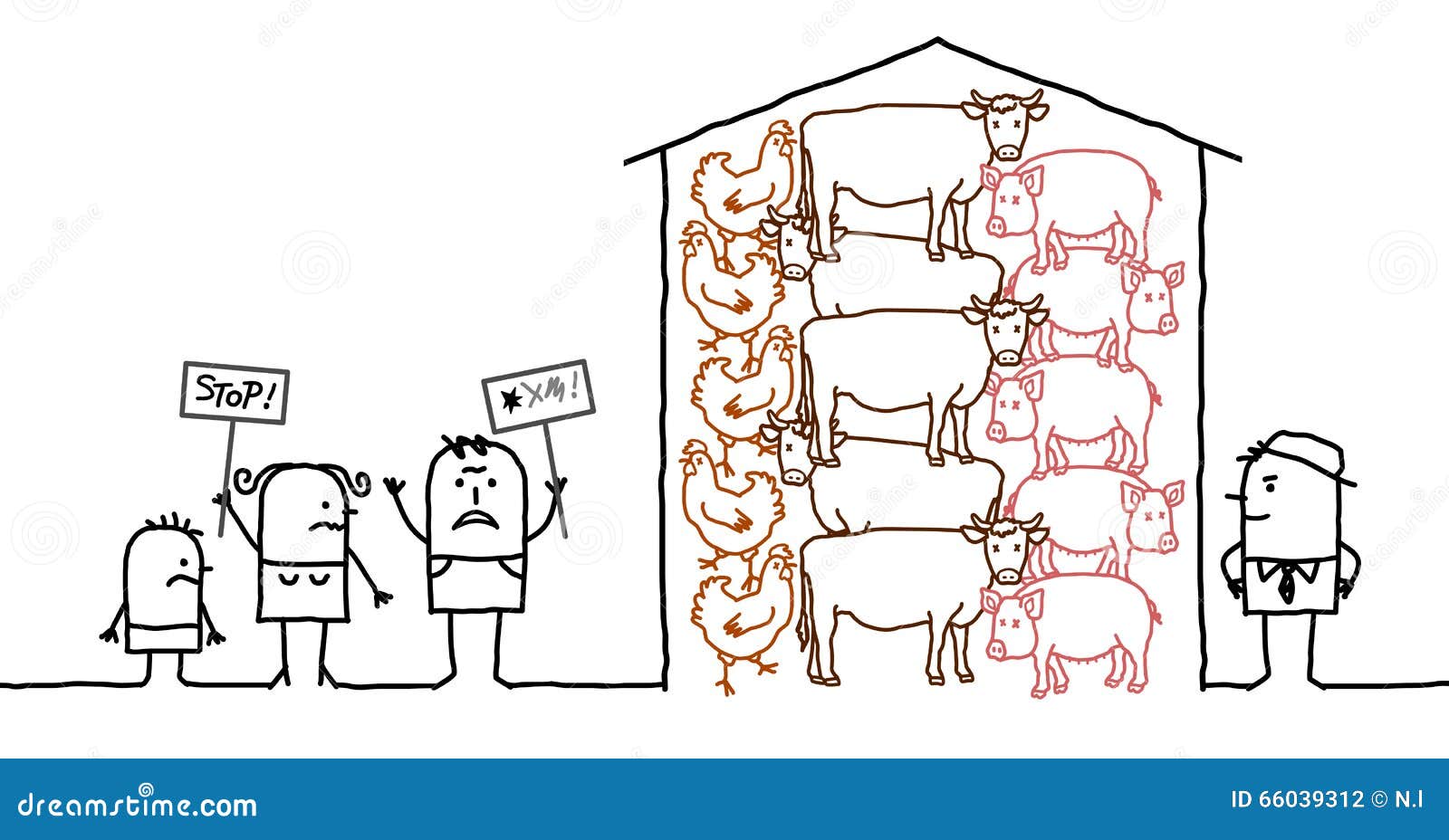 Cartoon People Saying NO To Intensive Production Of Meat Cartoon People Saying NO To Intensive Production Of Meat