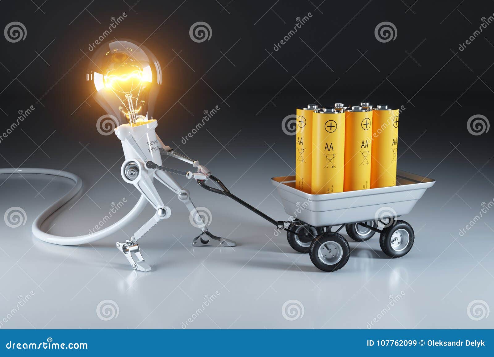cartoon personage lamp robot and trolley with batteries. waste r