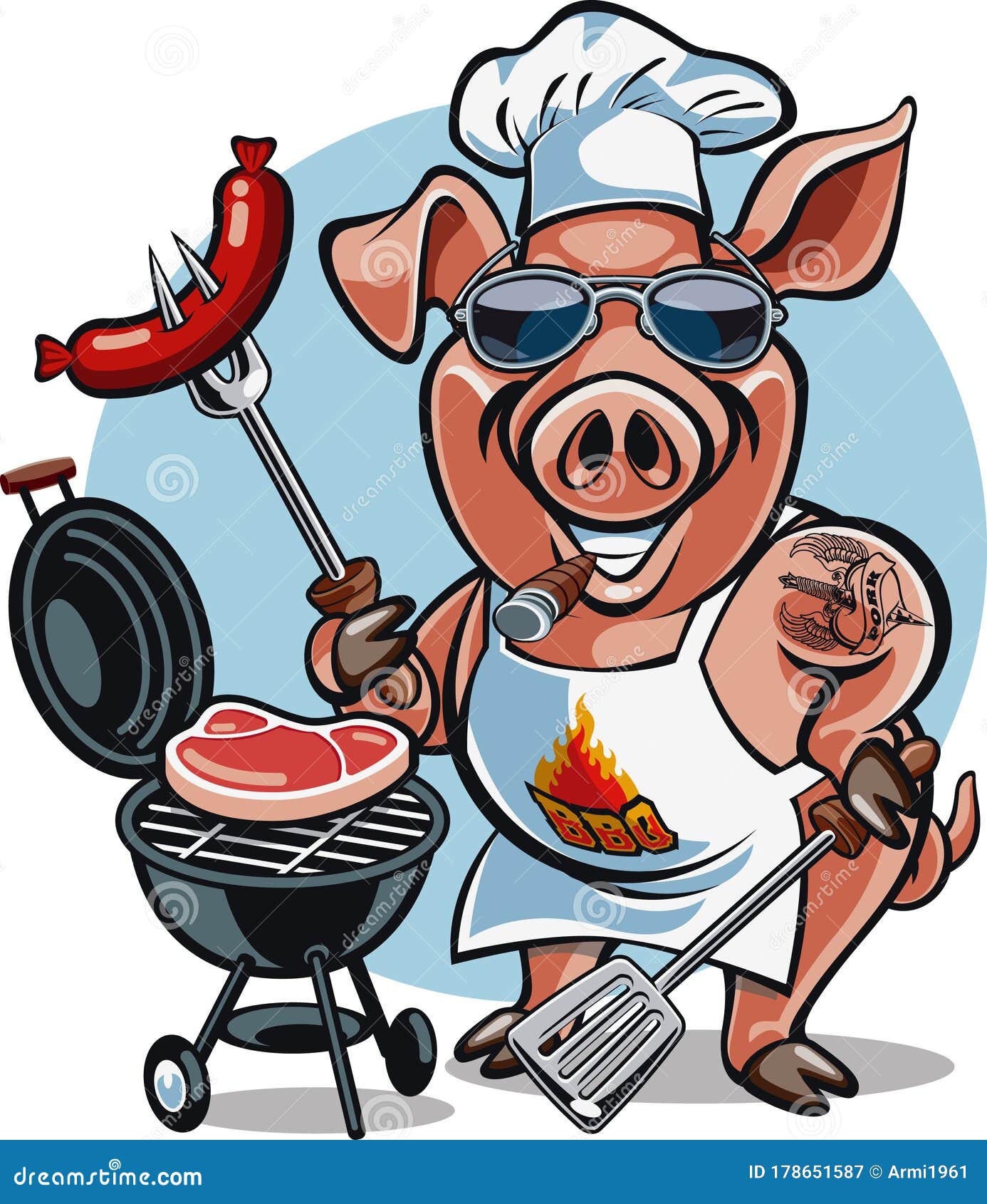 cartoon pig chef bbq grill cooking