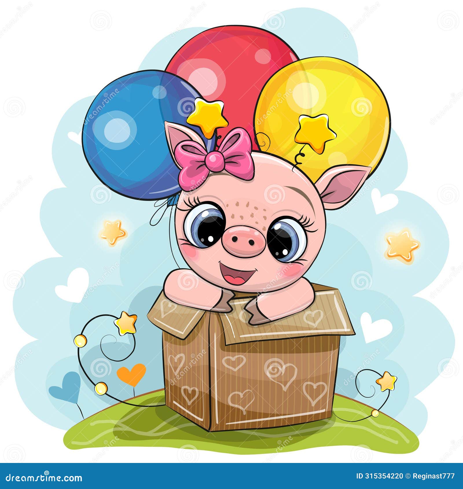 cartoon piggy girl in the box with balloons