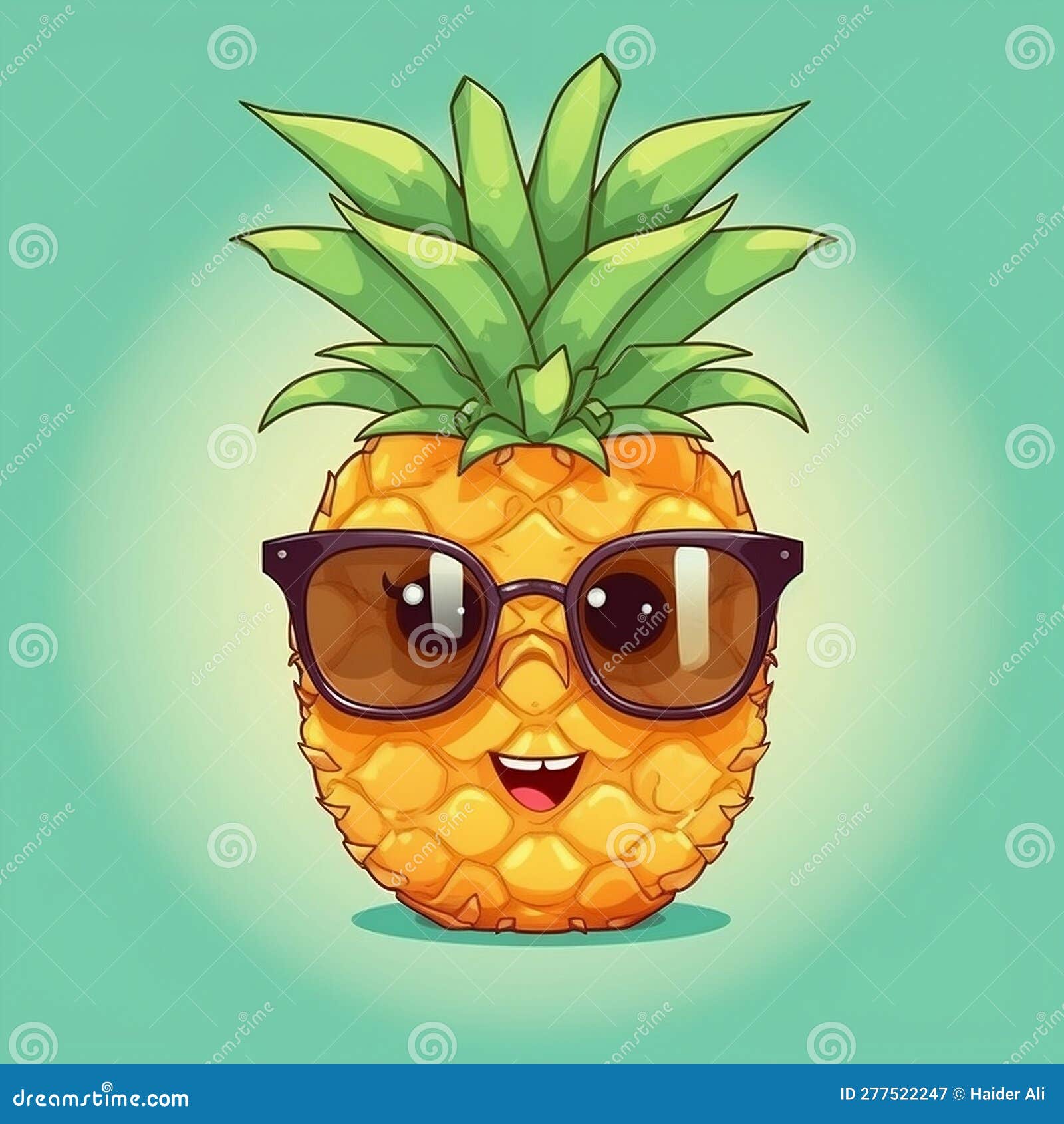 Cartoon Pineapple Character with Sunglasses (Cute). Generative AI Stock Illustration