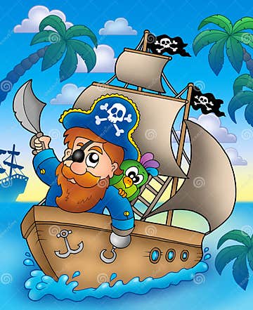 Cartoon Pirate Sailing on Ship Stock Illustration - Illustration of ...