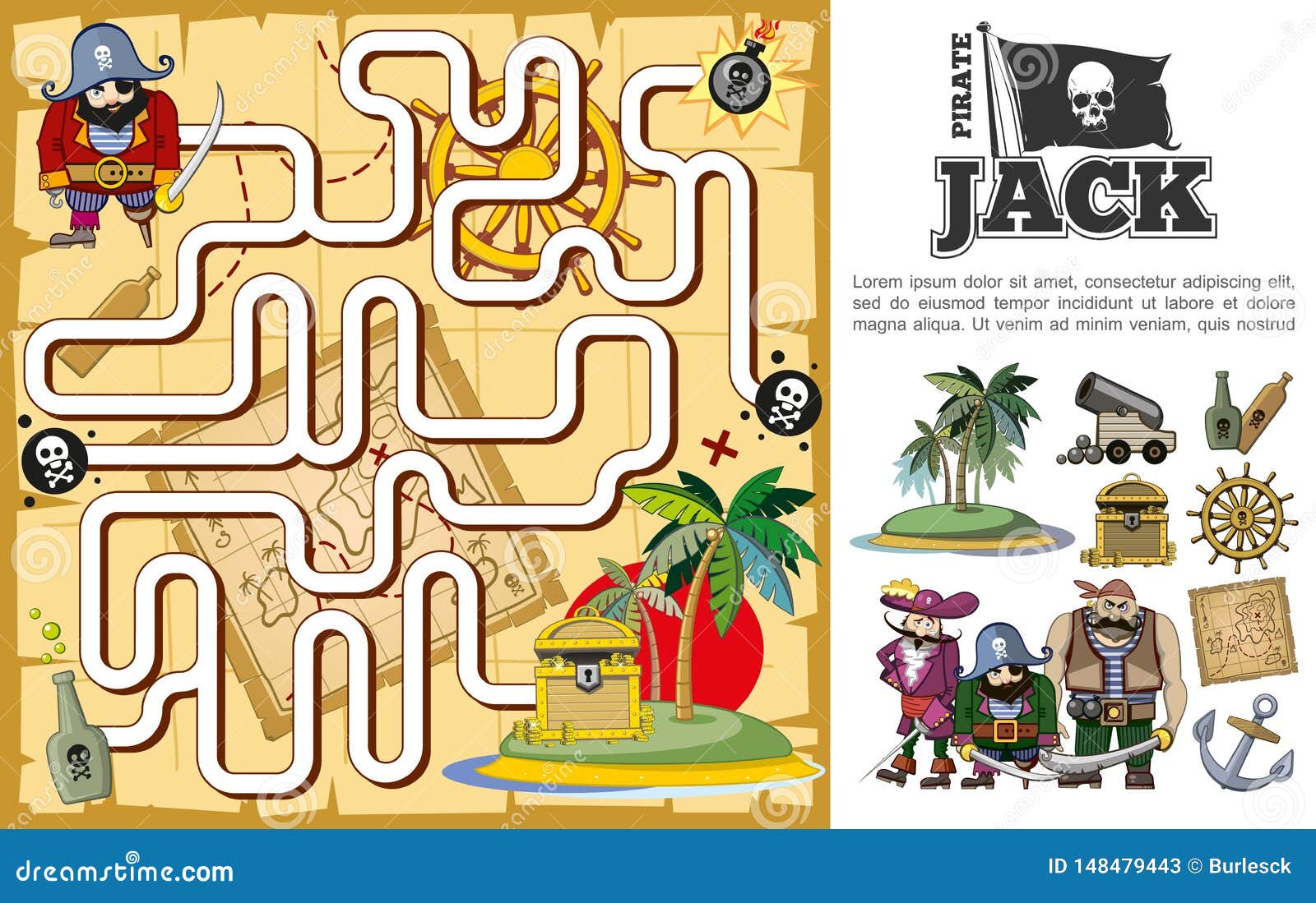 cartoon pirate treasure hunt maze concept stock vector illustration
