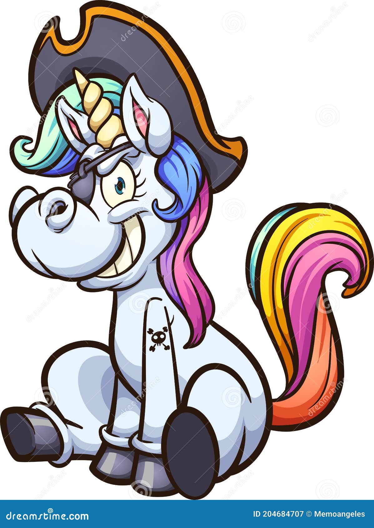 Cartoon Pirate Unicorn Sitting Down with an Evil Smile. Stock Vector