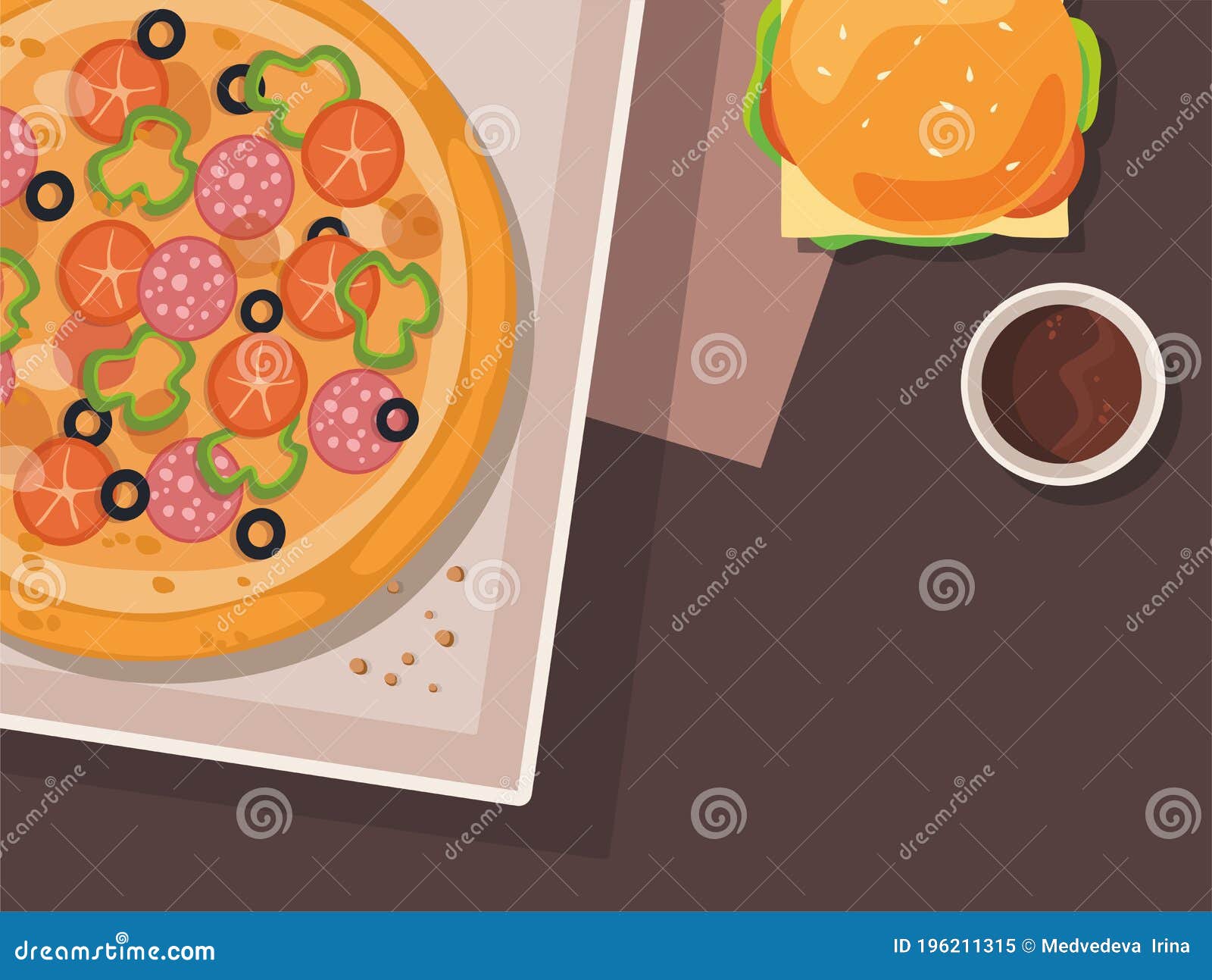 Pizza and Burger on the Table. Fast Food Stock Vector Illustration of