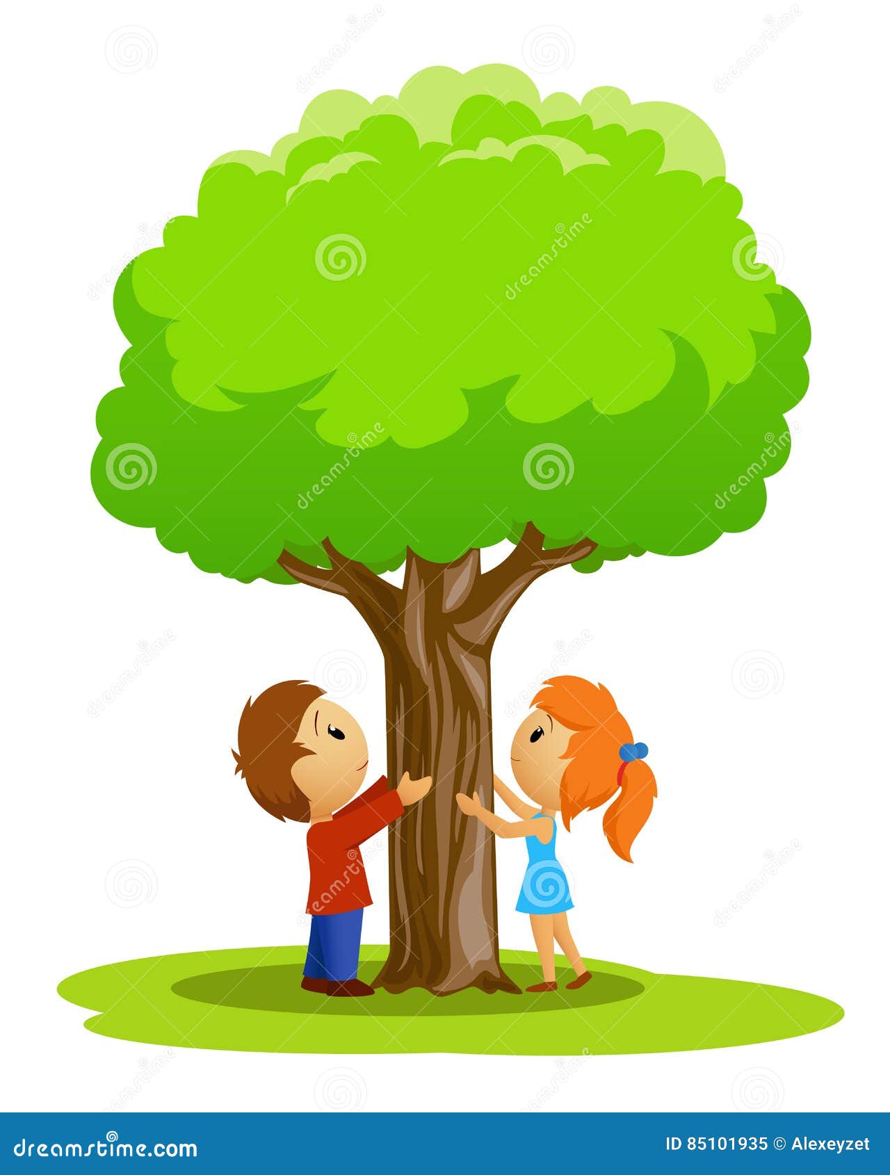 cartoon place with boy and girl touched tree