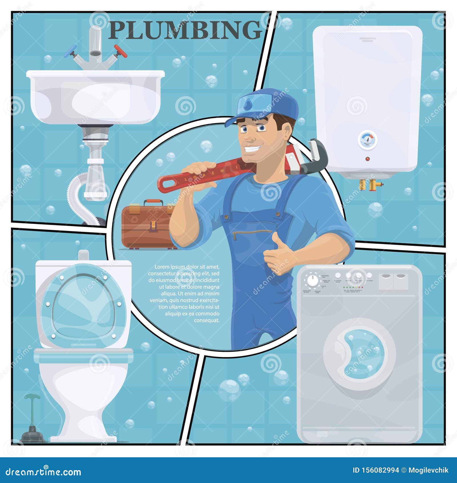 Cartoon Plumbing Service Colorful Concept Stock Vector Illustration