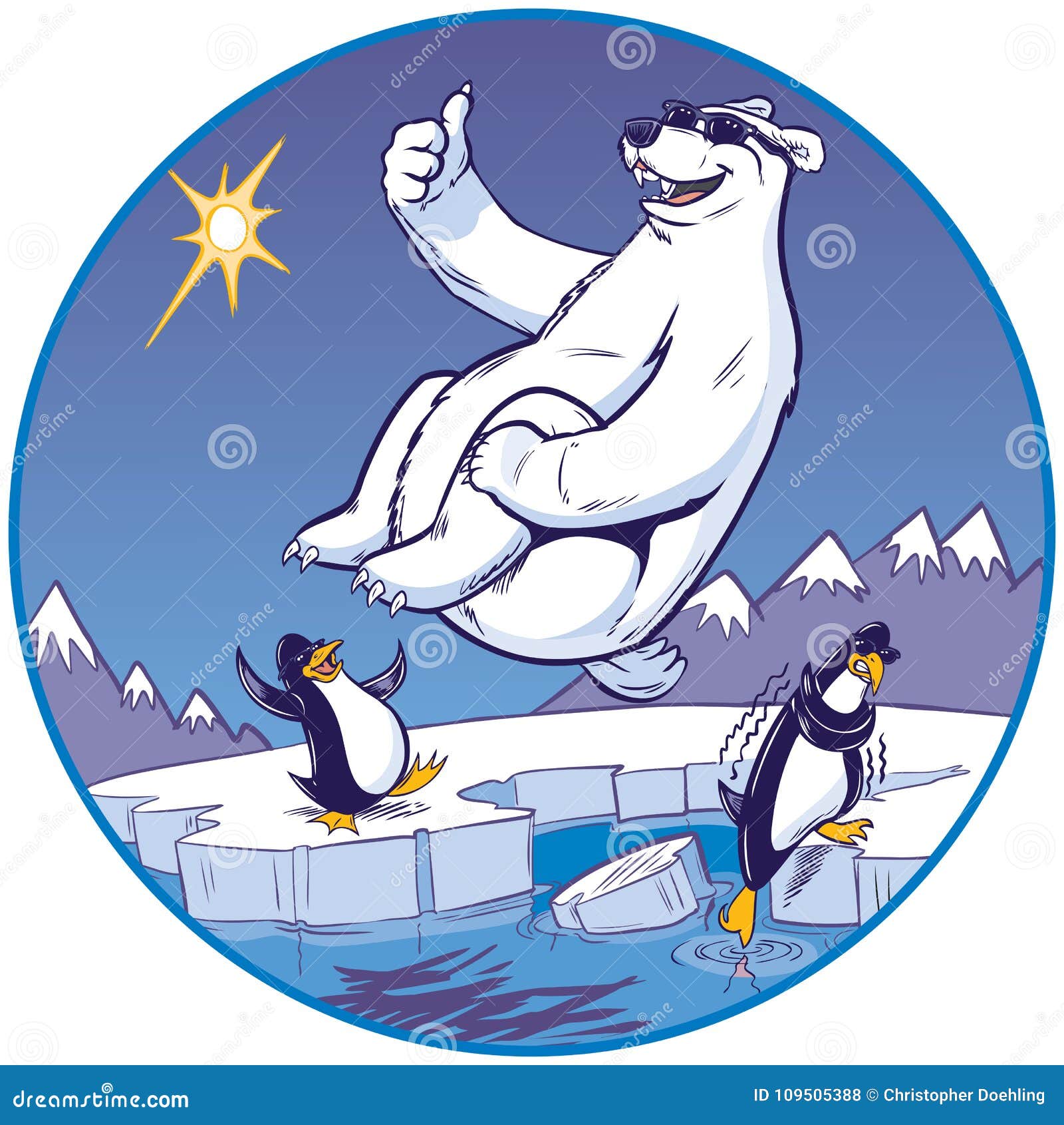 cartoon polar bear doing cannonball plunge while penguins watch