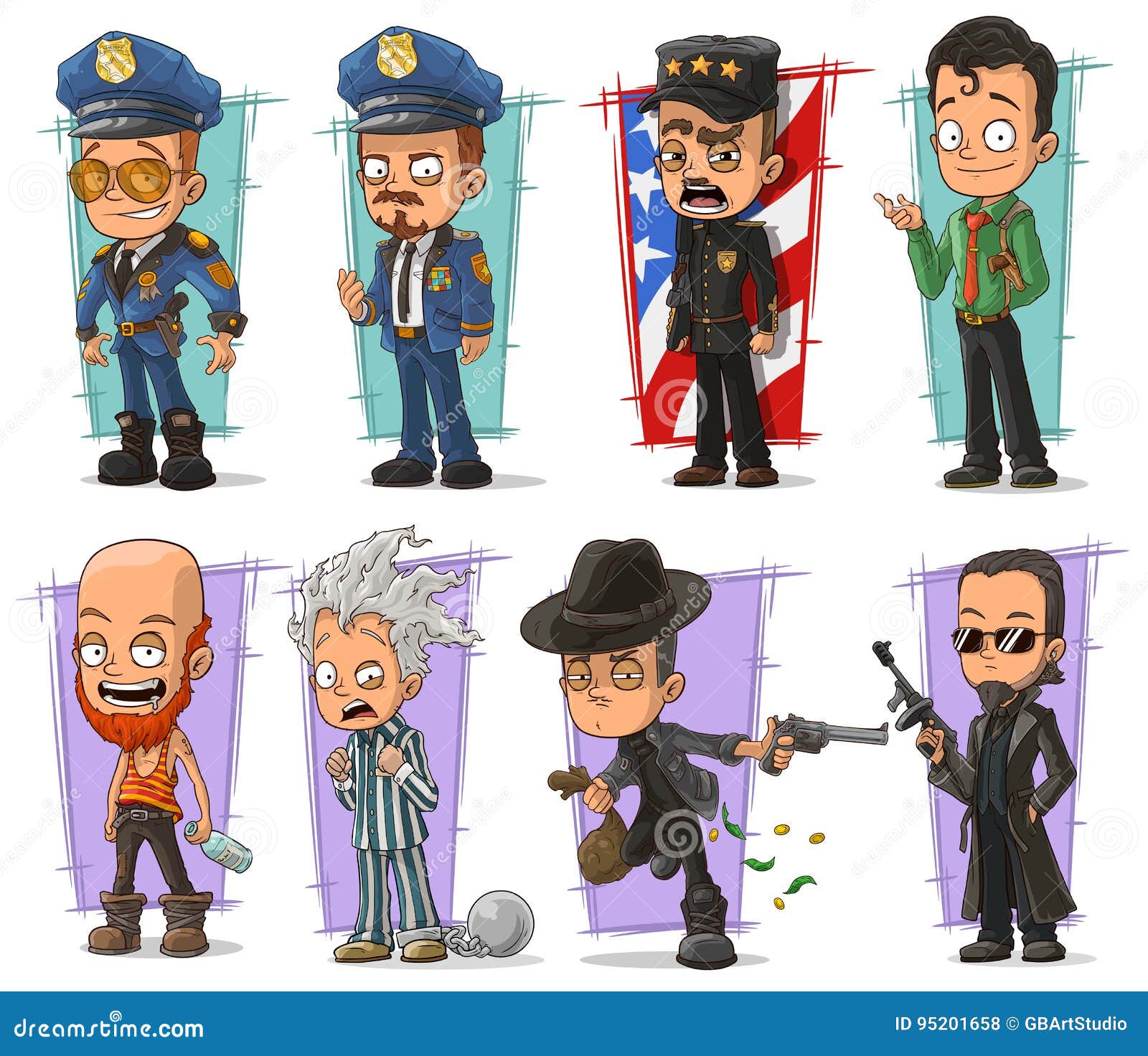 cartoon policeman in uniform and gangsters character  set