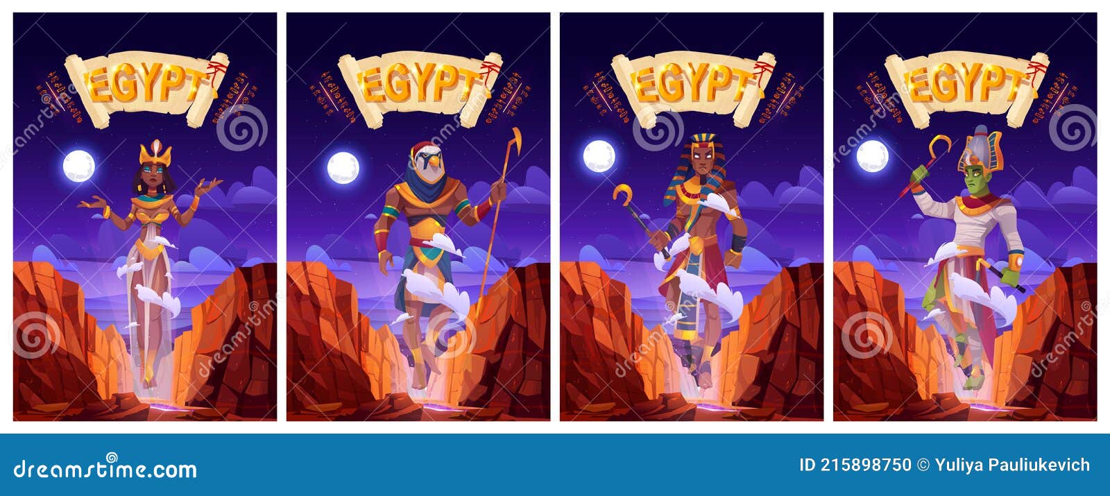 cartoon posters egyptian gods ra, horus, pharaoh