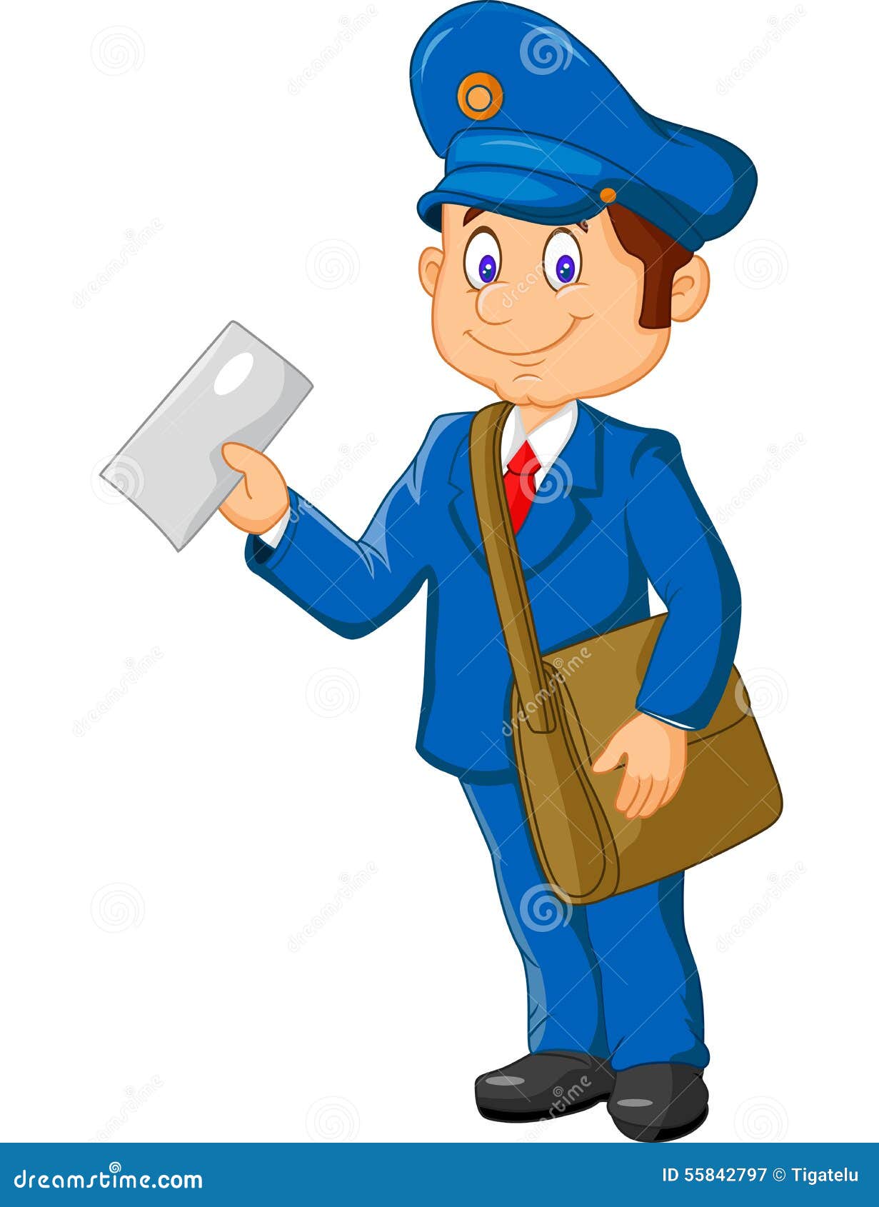 Cartoon Postman Holding Mail And Bag Stock Vector - Illustration of