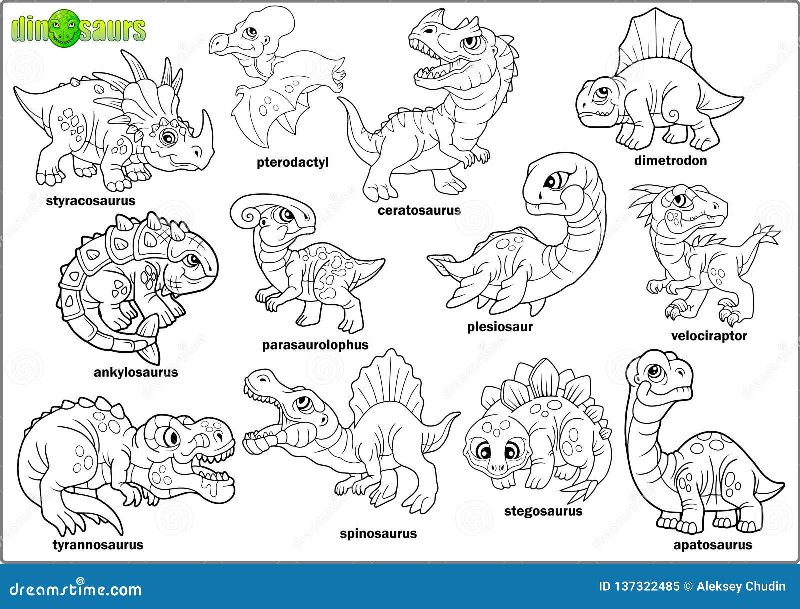 cartoon prehistoric dinosaurs, coloring book, set of images