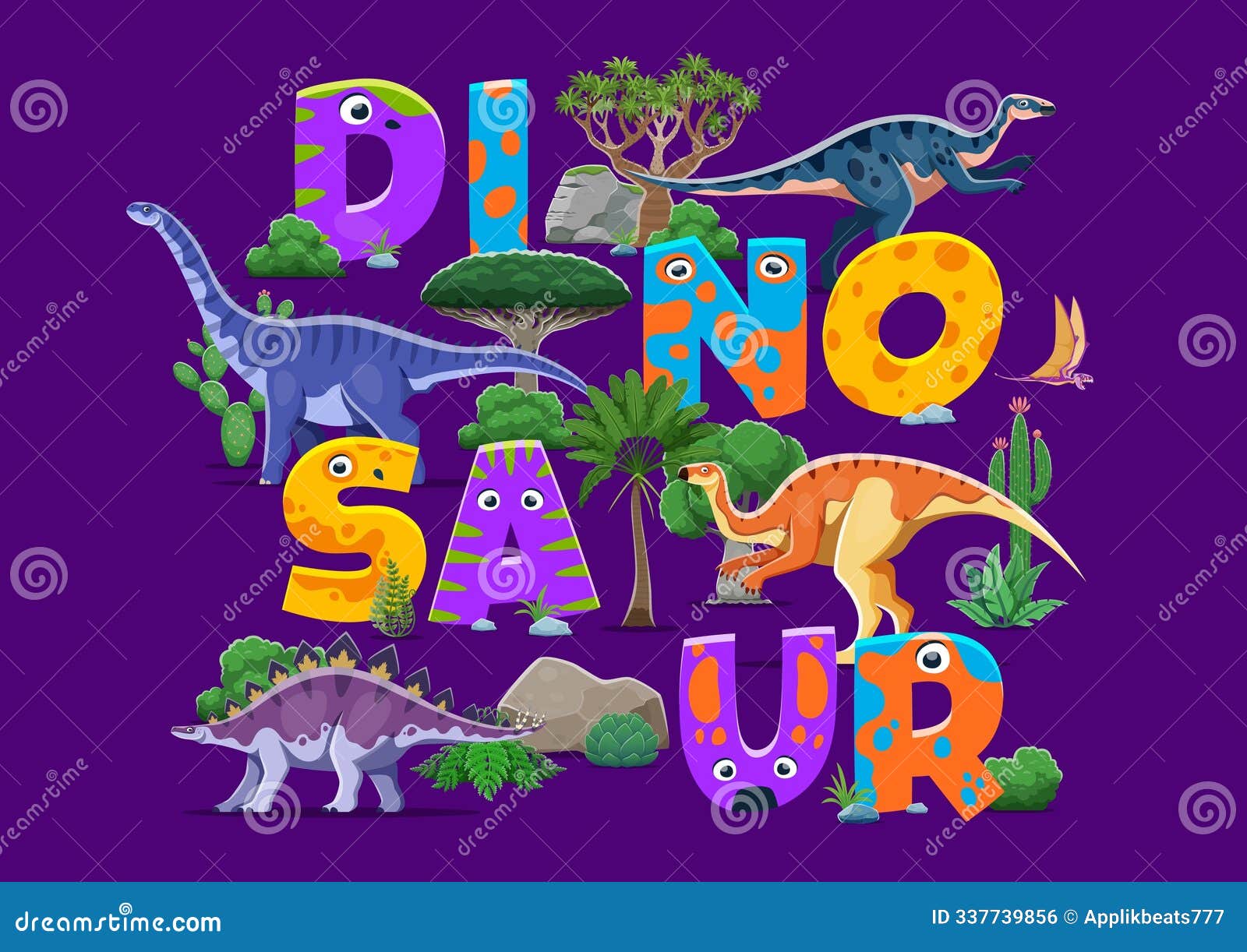 cartoon prehistoric dinosaurs for t-shirt print