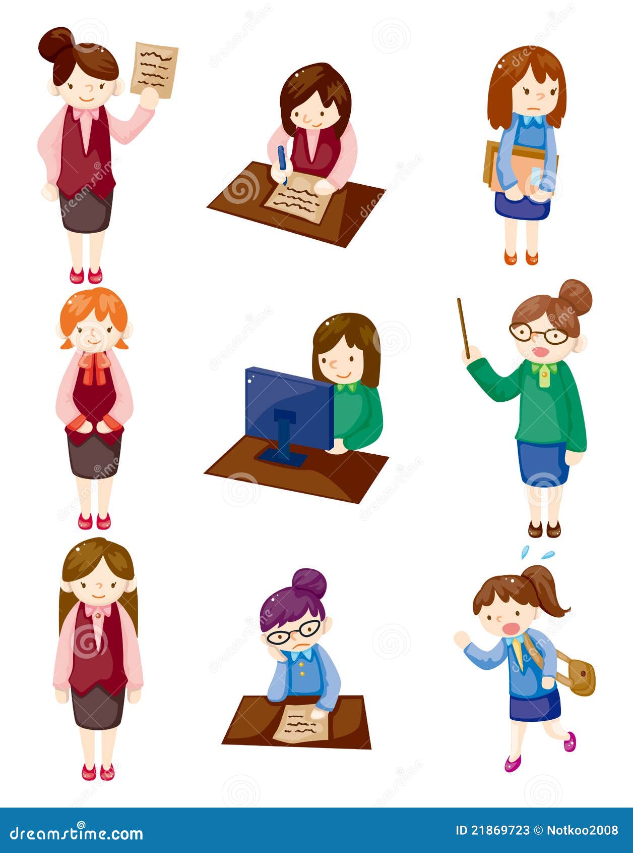 Cartoon Pretty Office Woman Worker Icon Set Stock Vector - Illustration