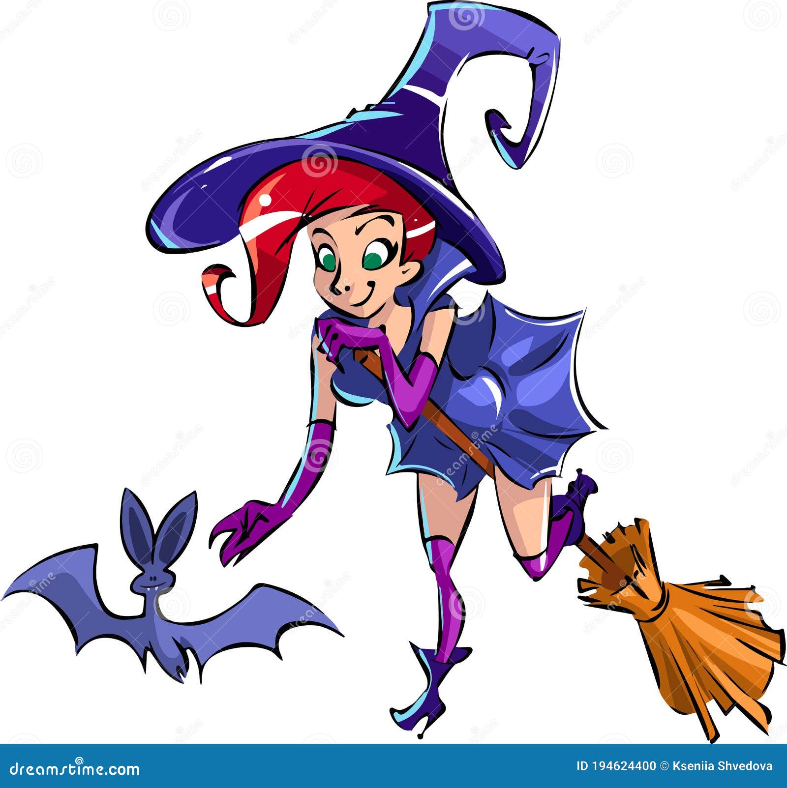 Cartoon Pretty Witch on a Broom Reaches Out To the Bat Stock Vector -  Illustration of purple, logo: 194624400