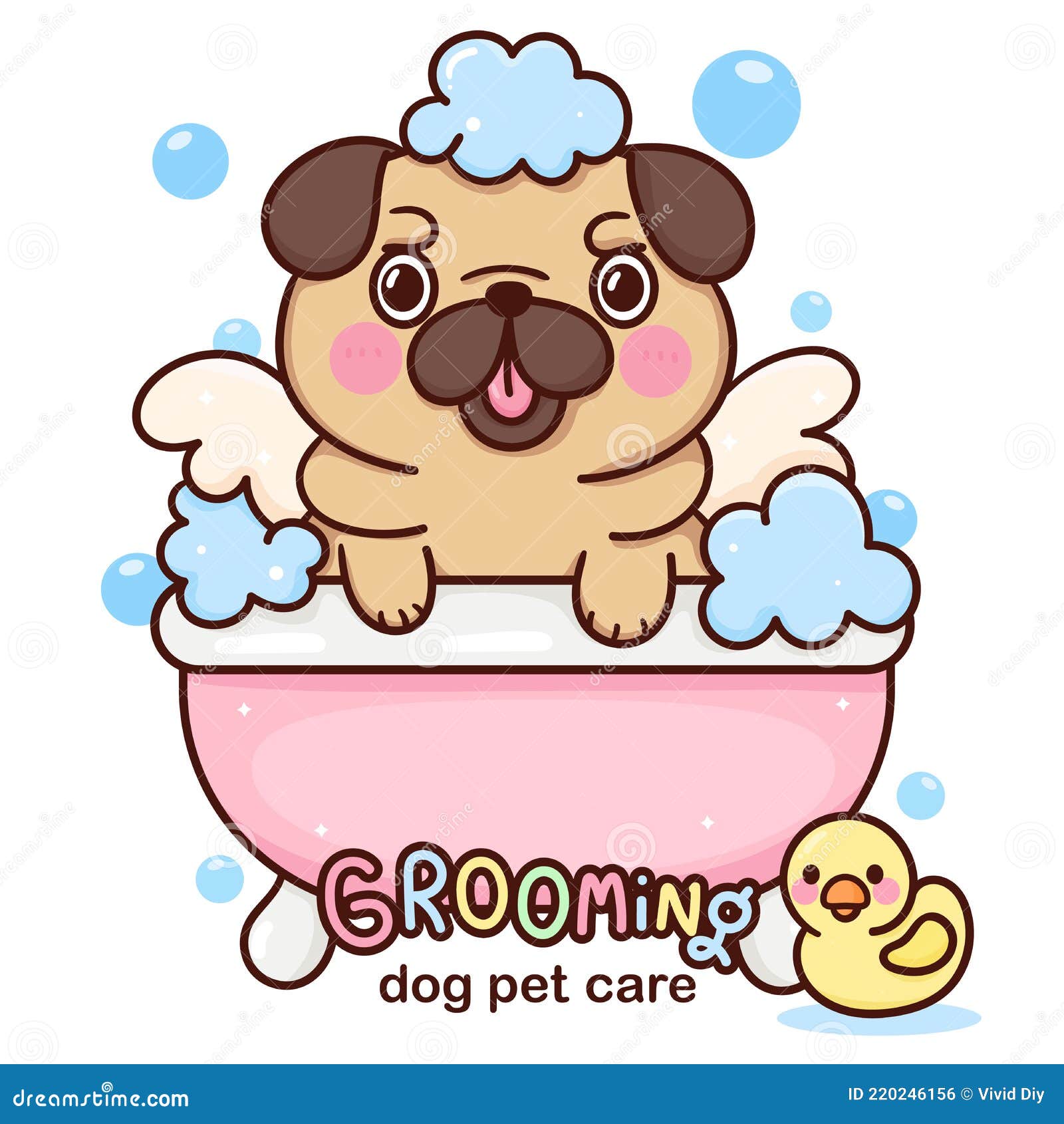 Cartoon Pug Bath Vector Dog Groomer for Pet Grooming Logo with Duck Toy  Stock Vector - Illustration of salon, bubble: 220246156