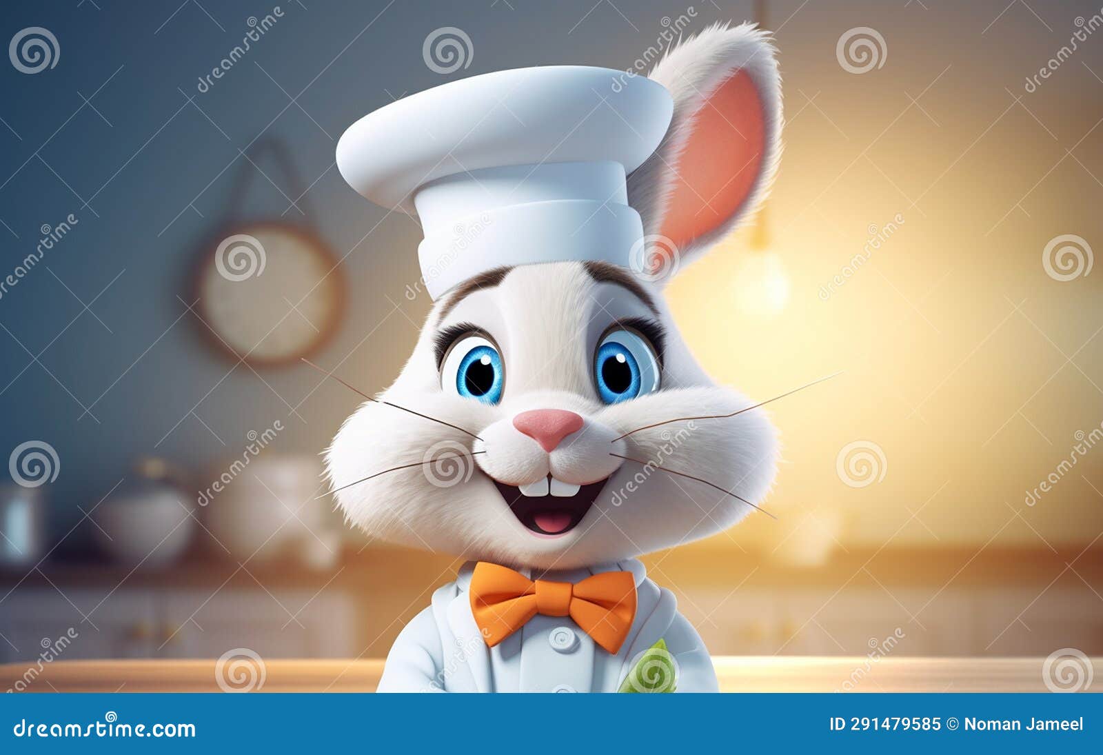 Cartoon Rabbit with Chef Hat and Bow Tie 3D Illustration Stock