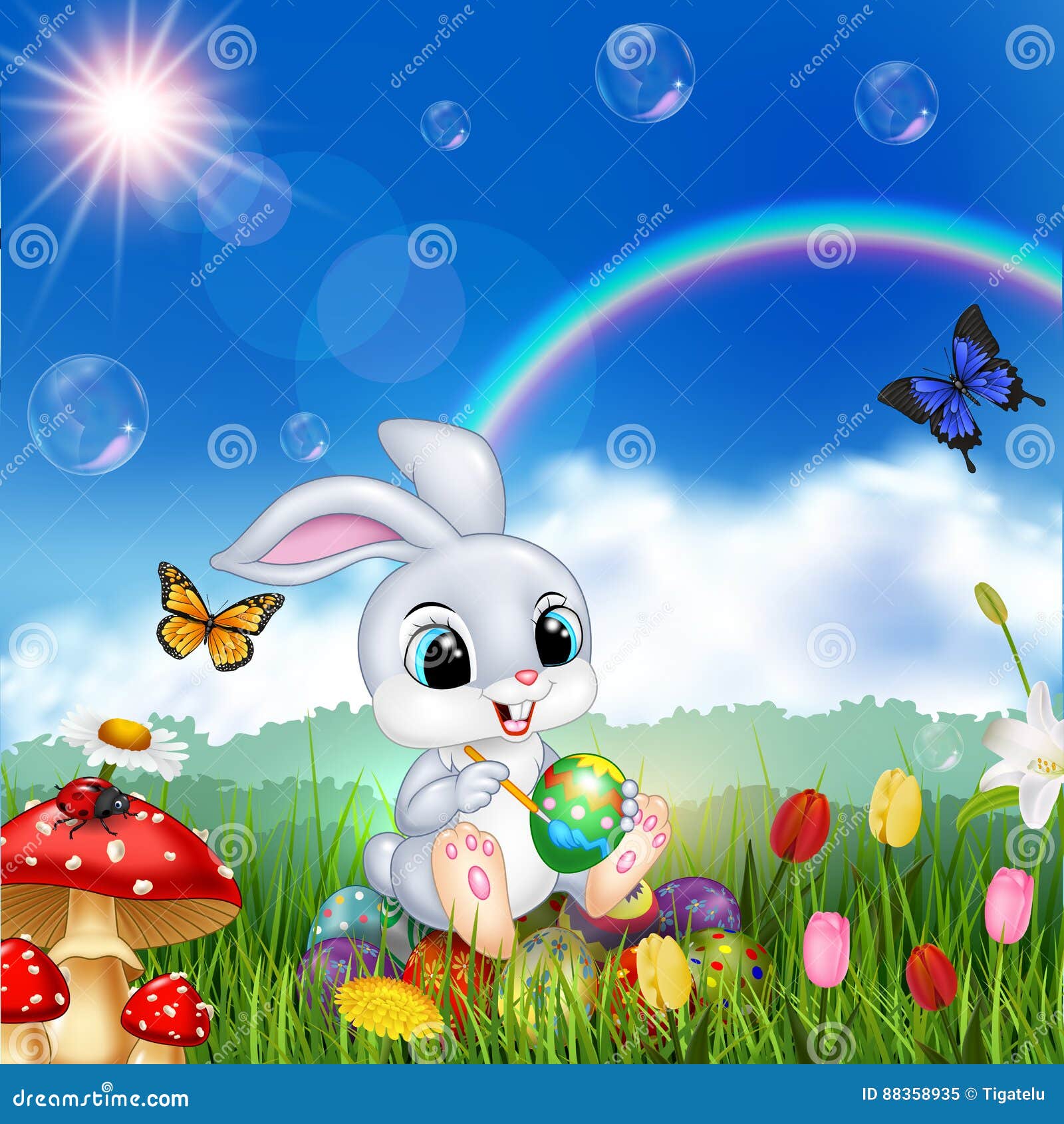 Cartoon Rabbit Decorating an Easter Egg with Nature Background ...