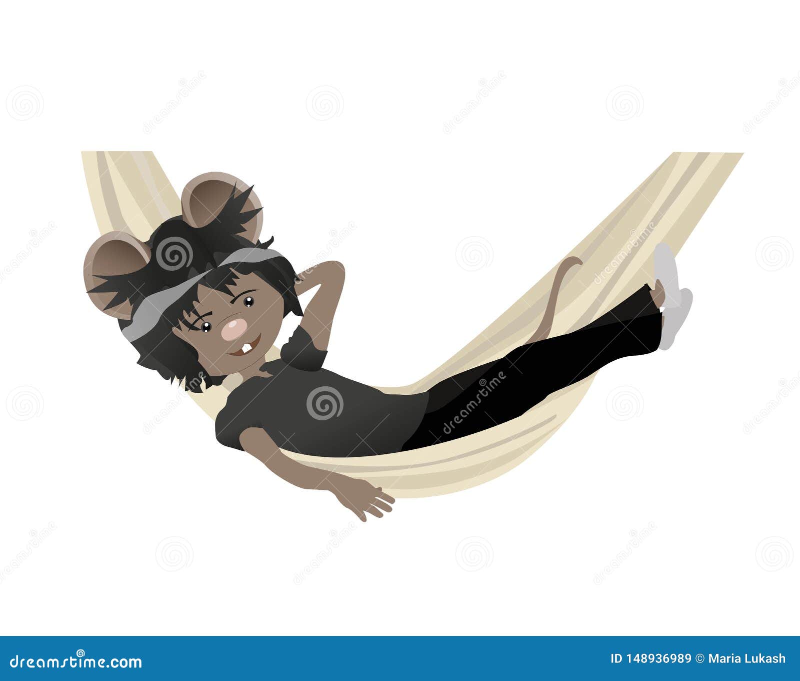 Cartoon Rat Riding A Hammock. Reading Book On Sofa. Cute Mouse. Stock