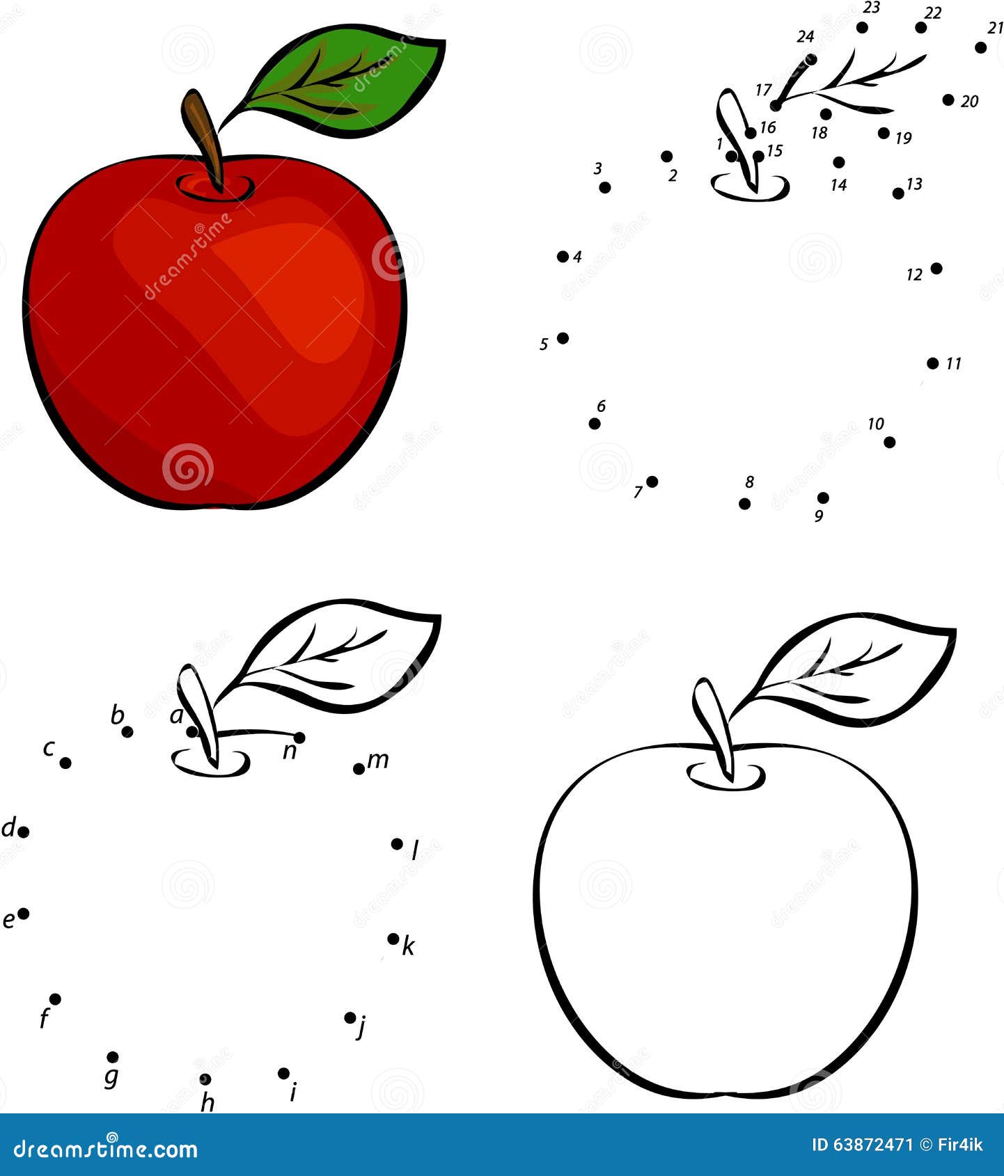 cartoon red apple.  . coloring and dot to dot