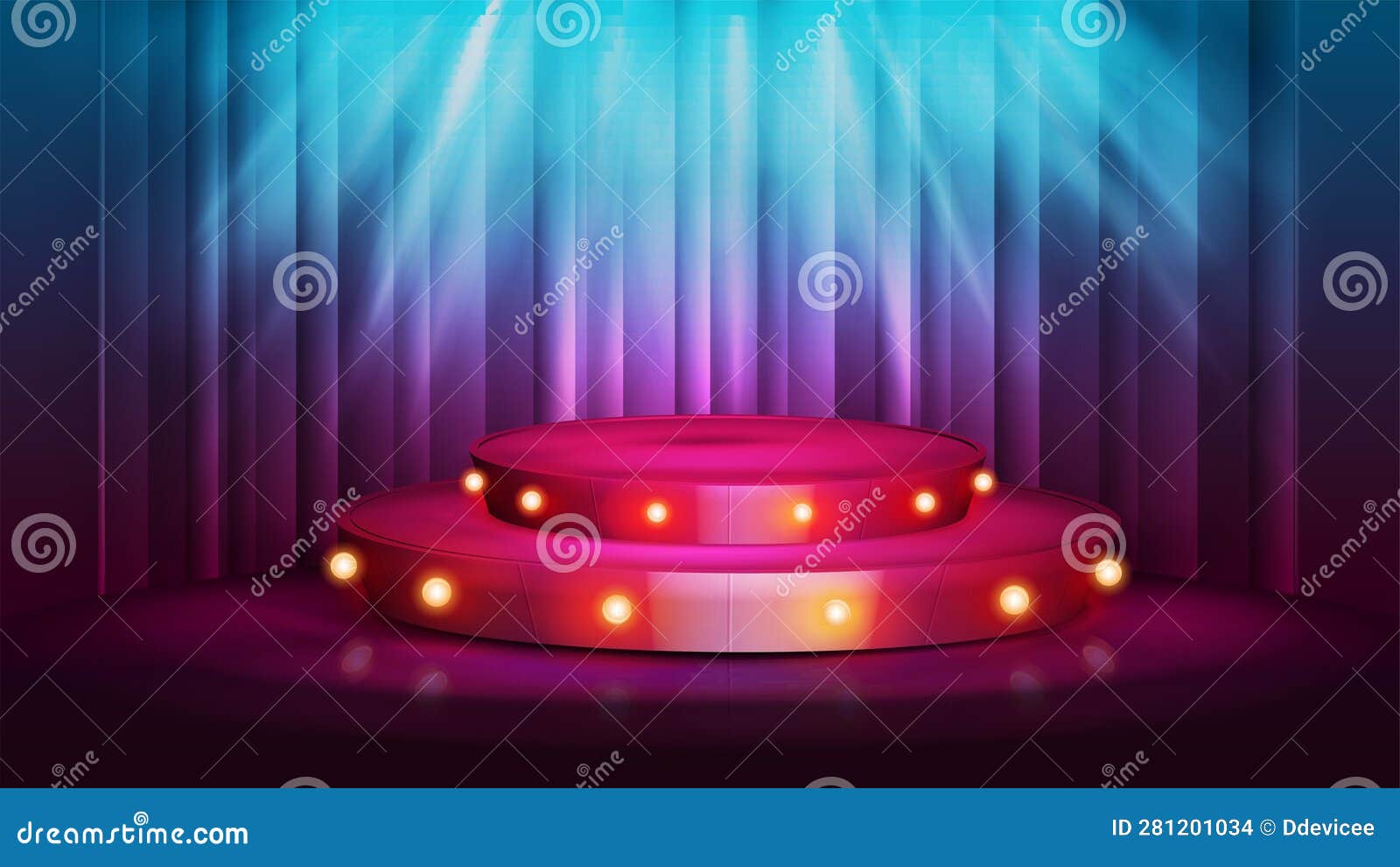 Cartoon Red Round Podium with Bulbs Lights and Spotlight on Background ...