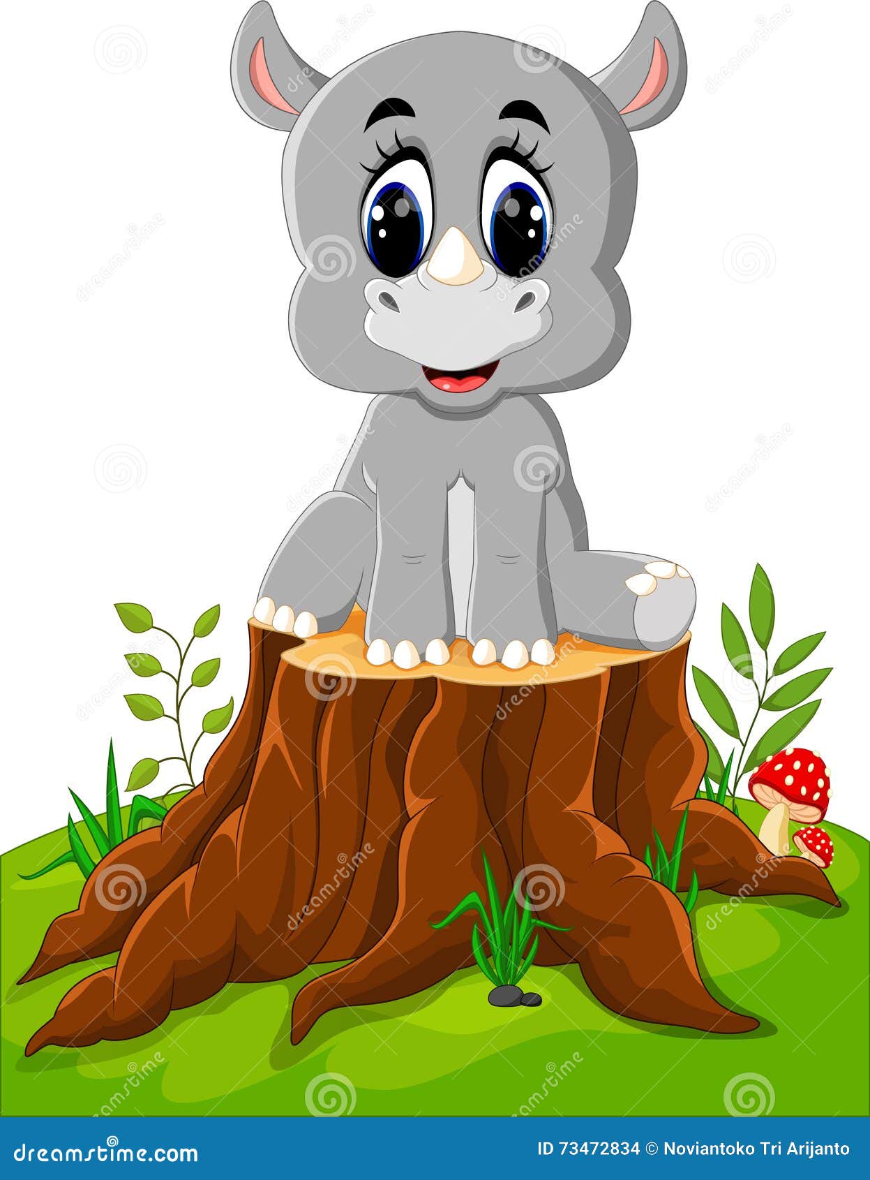 Cartoon rhino sitting on tree stump