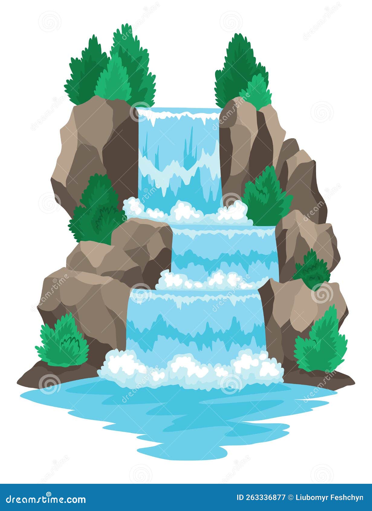 Cartoon River Cascade Waterfall. Landscape with Mountains and Trees ...