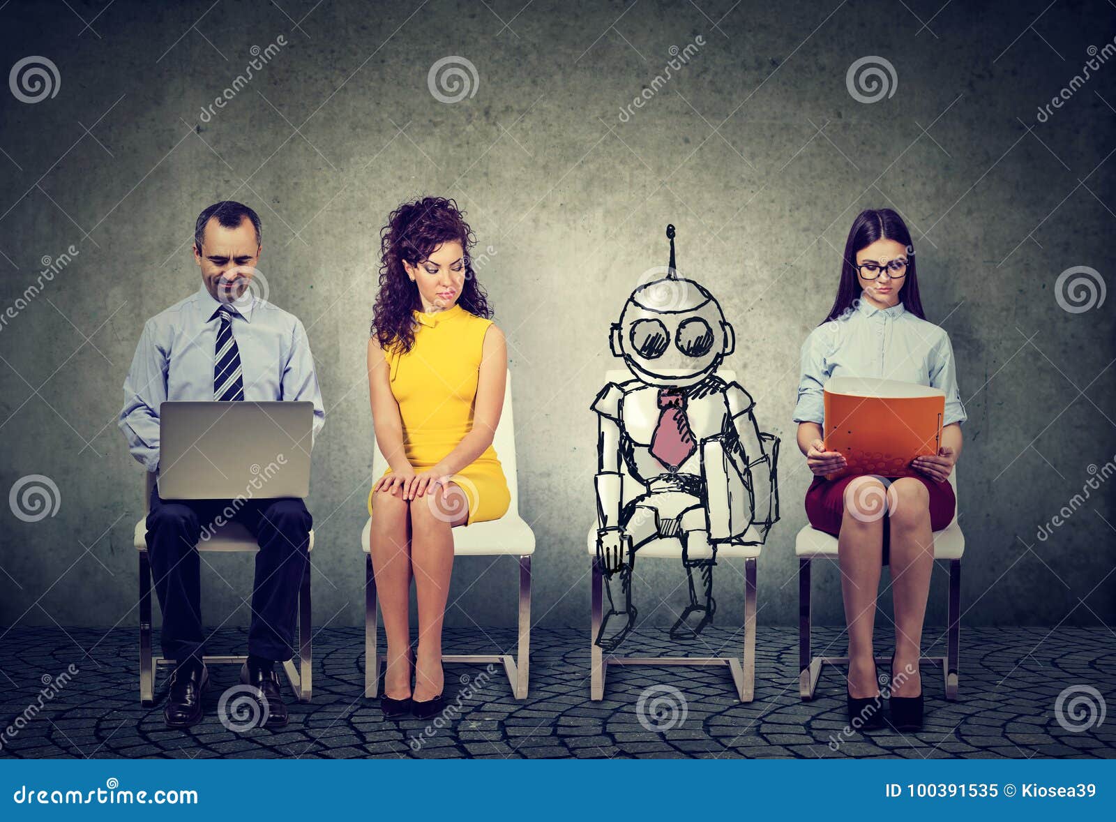 cartoon robot sitting in line with human applicants for a job interview