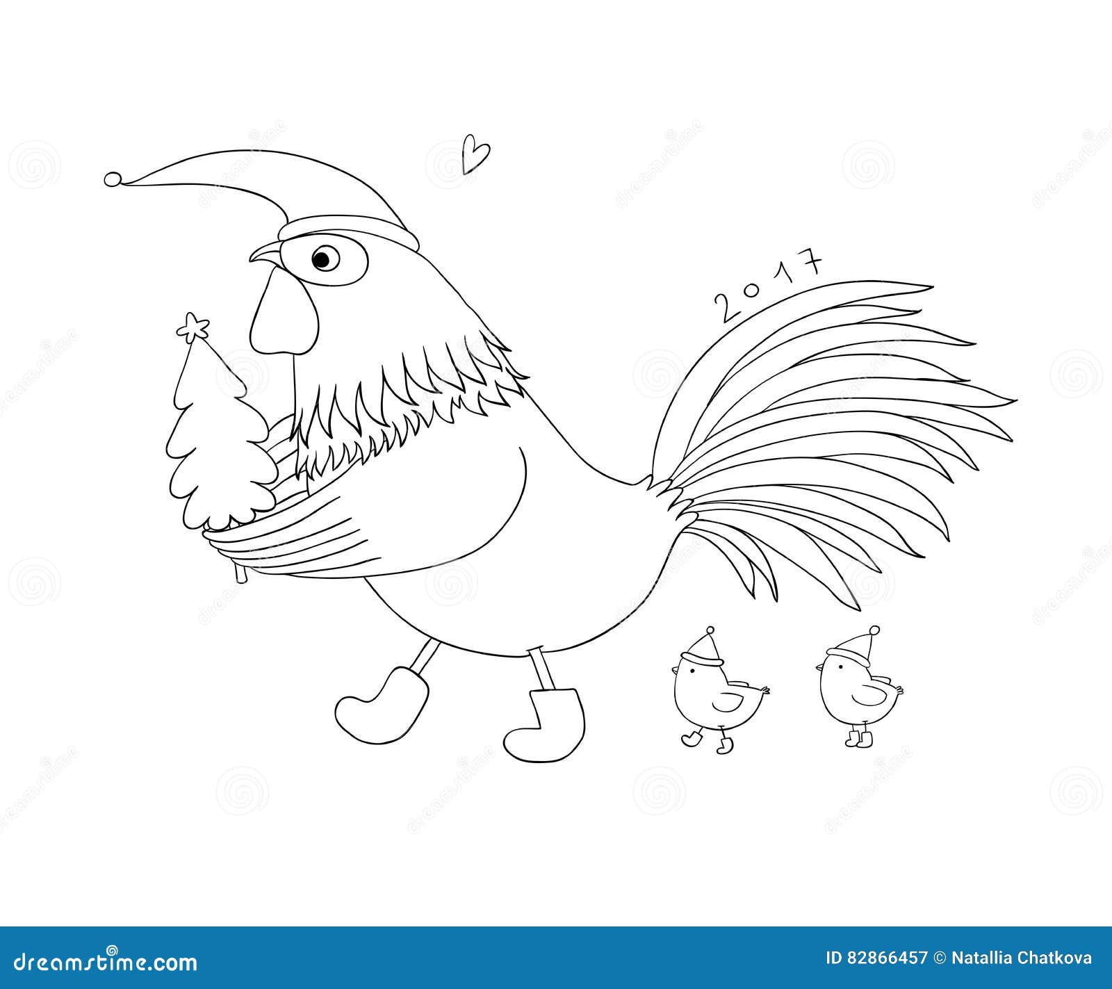 Cartoon Rooster Cute, Little Chickens and Christmas Tree. Stock Vector
