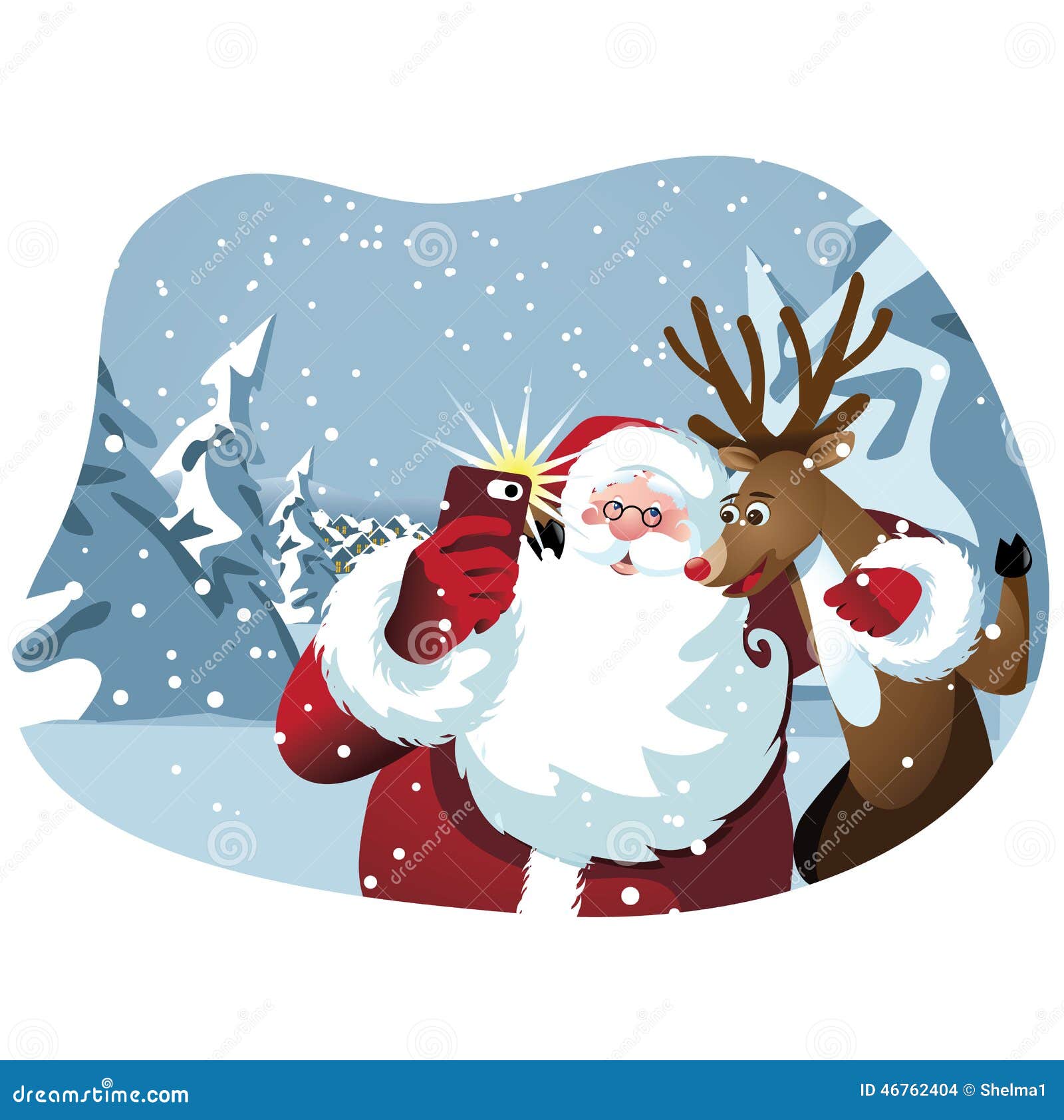 Cartoon Santa Claus And Reindeer Take A Selfie Stock 