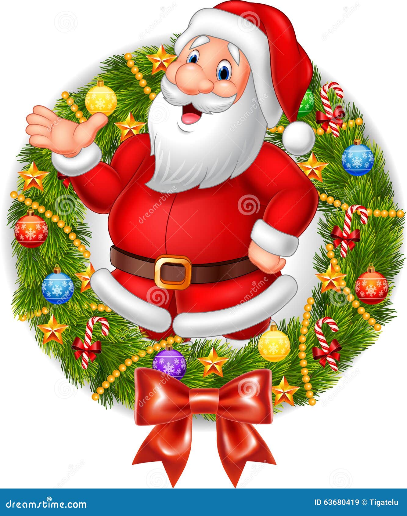 cartoon santa claus waving hand with christmas wreath
