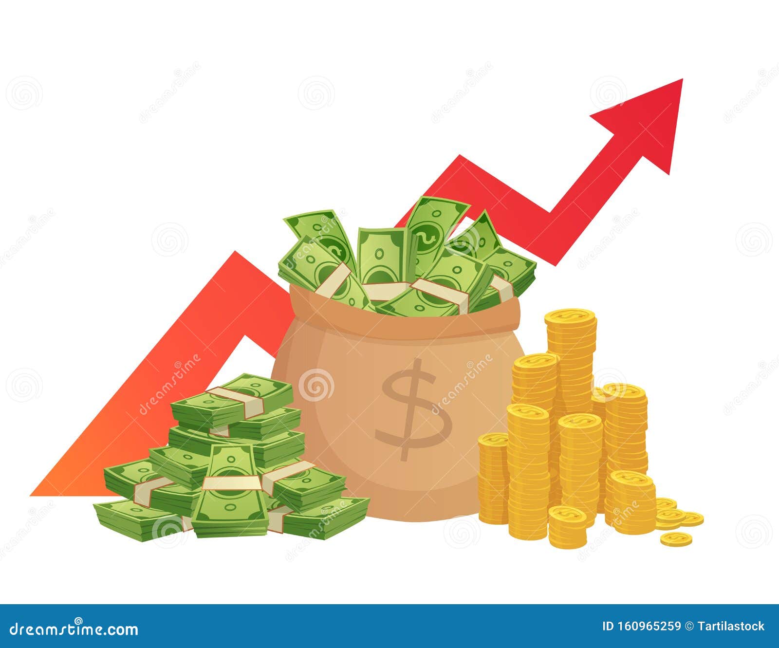Cartoon Savings Value Growth. Money Profit Increase, Profitable Investments  Chart with Red Graph Arrow and Cash Pile Stock Vector - Illustration of  bond, economy: 160965259