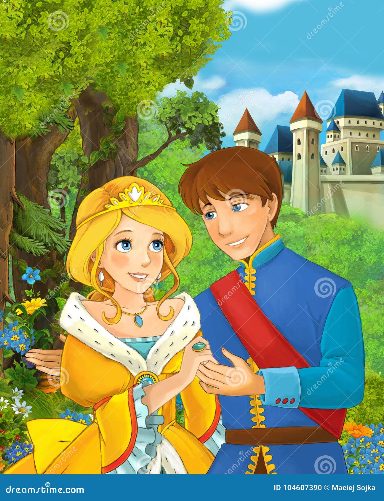 Cartoon Scene of Beautiful Pair Prince and Princess in the Forest Near  Castle in the Background Stock Illustration - Illustration of husband,  couple: 104607390