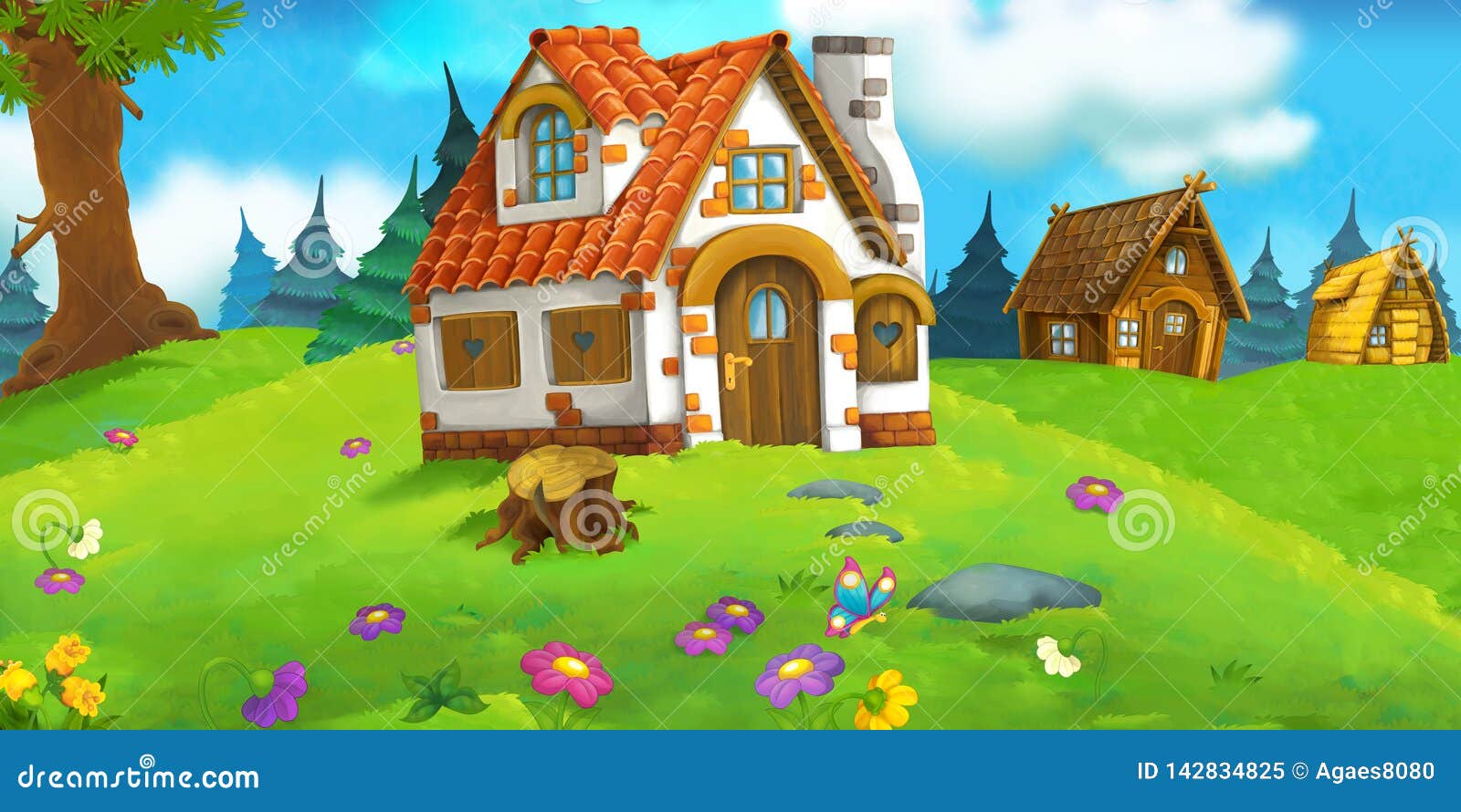 Cartoon Scene with Beautiful Rural Brick House in the Forest on ...